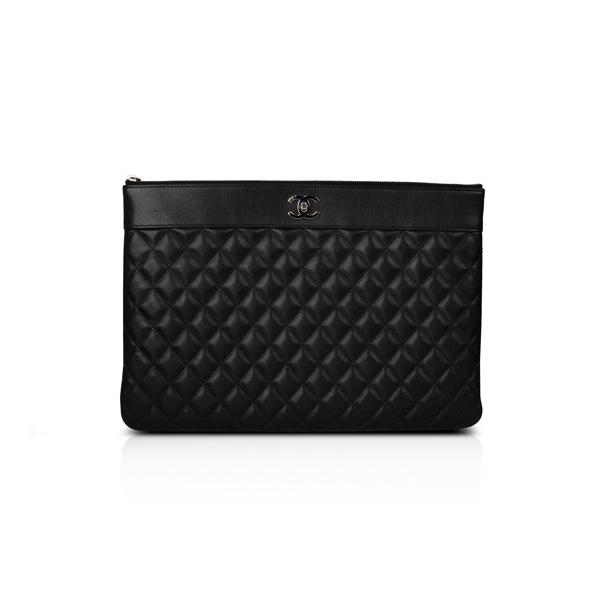 Chanel Large Mademoiselle Quilted Lambskin Leather O-Case Clutch w/ Box