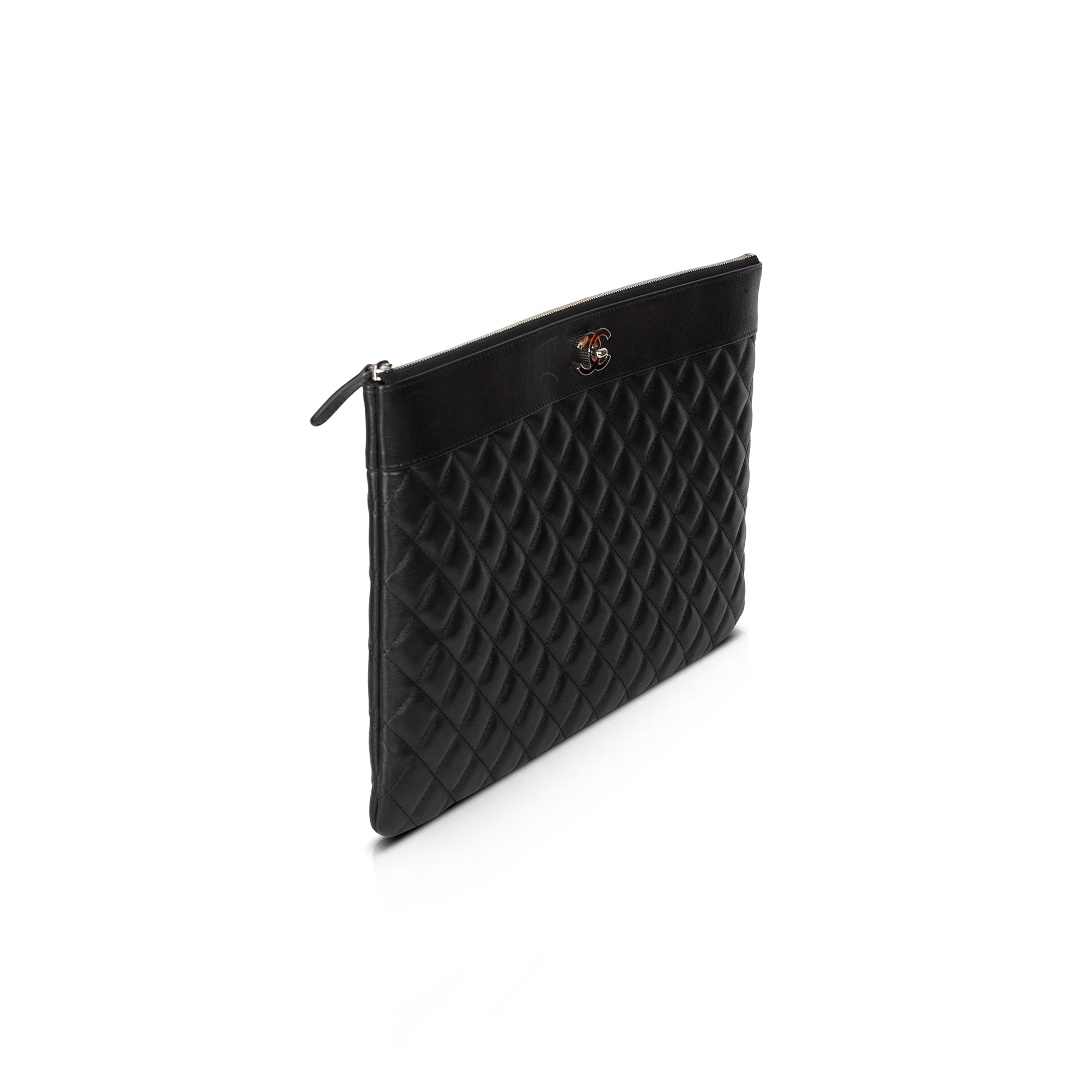 Chanel Large Mademoiselle Quilted Lambskin Leather O-Case Clutch w/ Box