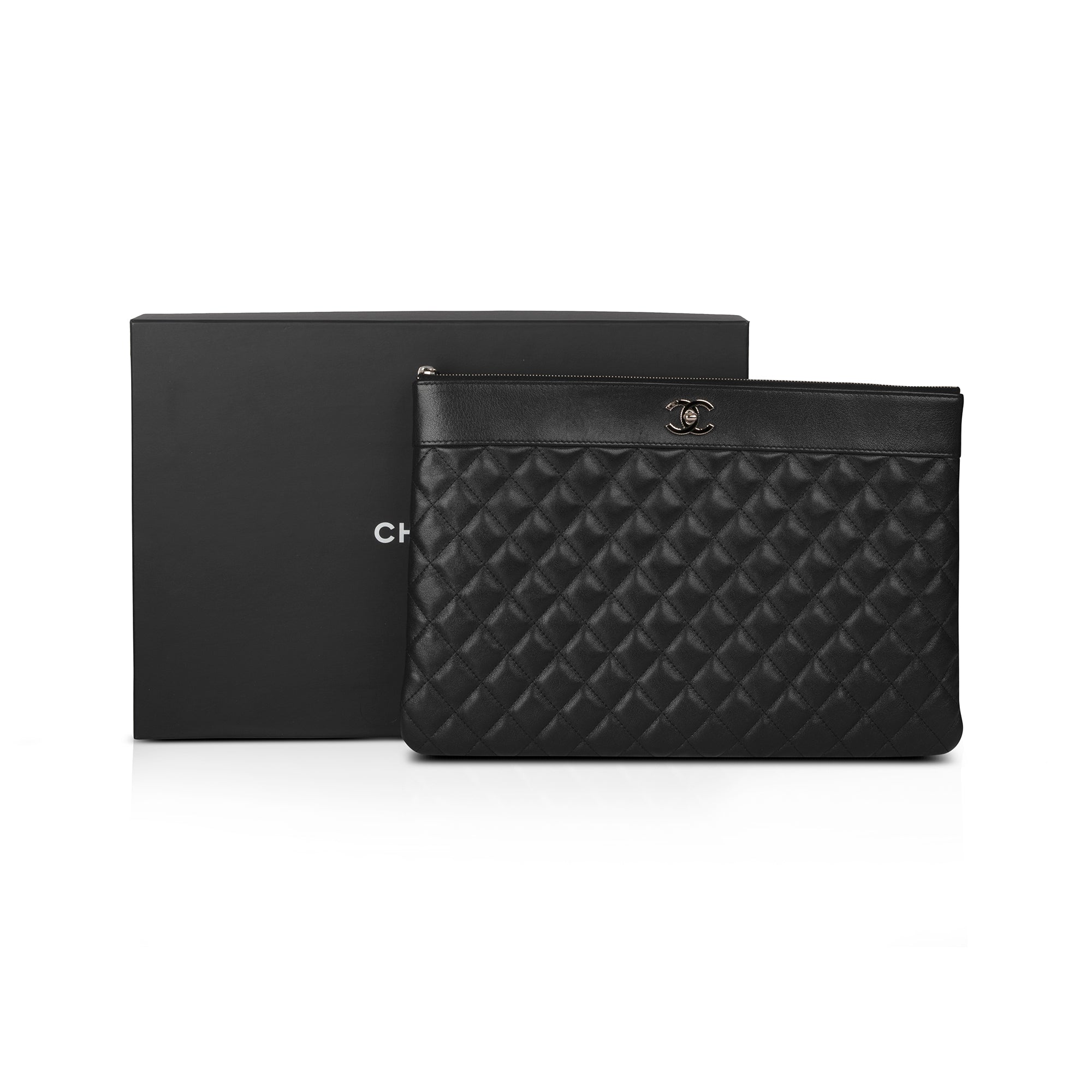Chanel Large Mademoiselle Quilted Lambskin Leather O-Case Clutch w/ Box