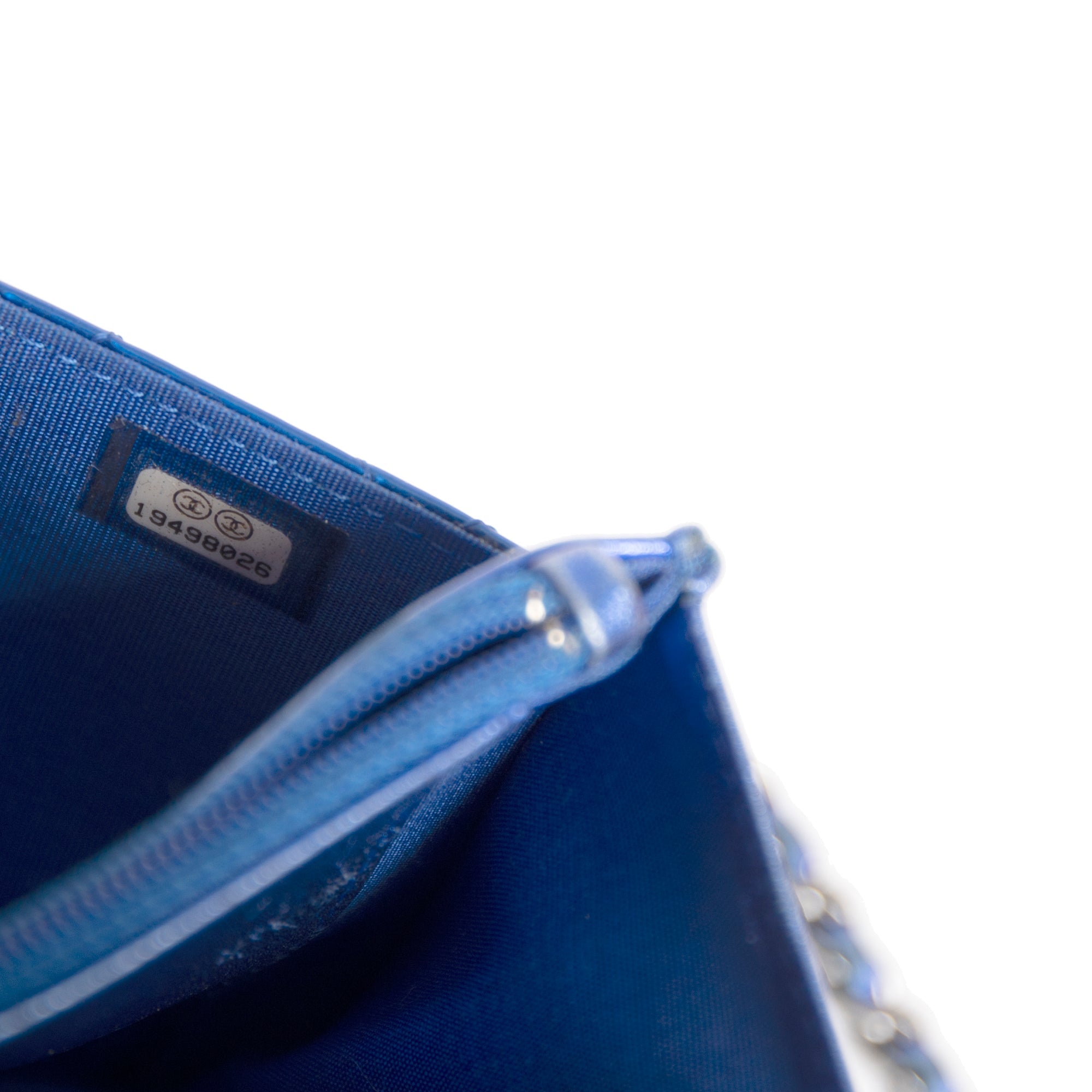 Chanel Metallic Blue Patent Leather Boy Wallet on Chain w/ Authenticity Card