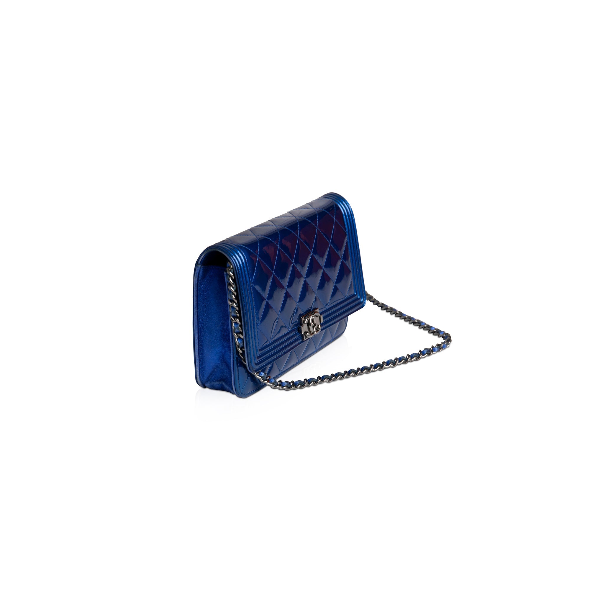 Chanel Metallic Blue Patent Leather Boy Wallet on Chain w/ Authenticity Card