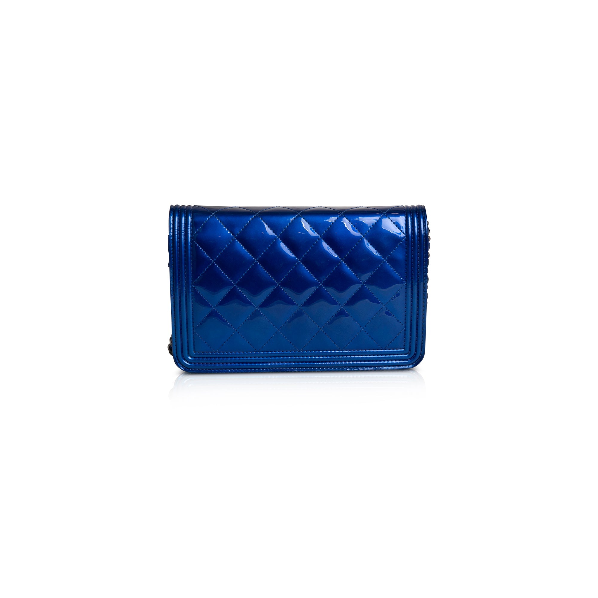 Chanel Metallic Blue Patent Leather Boy Wallet on Chain w/ Authenticity Card