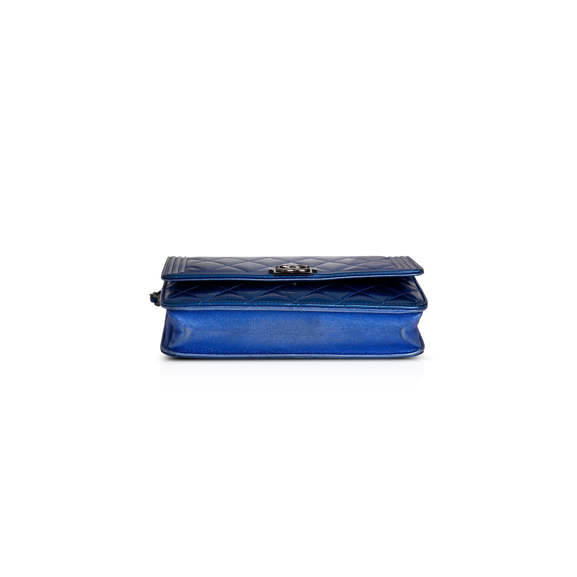 Chanel Metallic Blue Patent Leather Boy Wallet on Chain w/ Authenticity Card