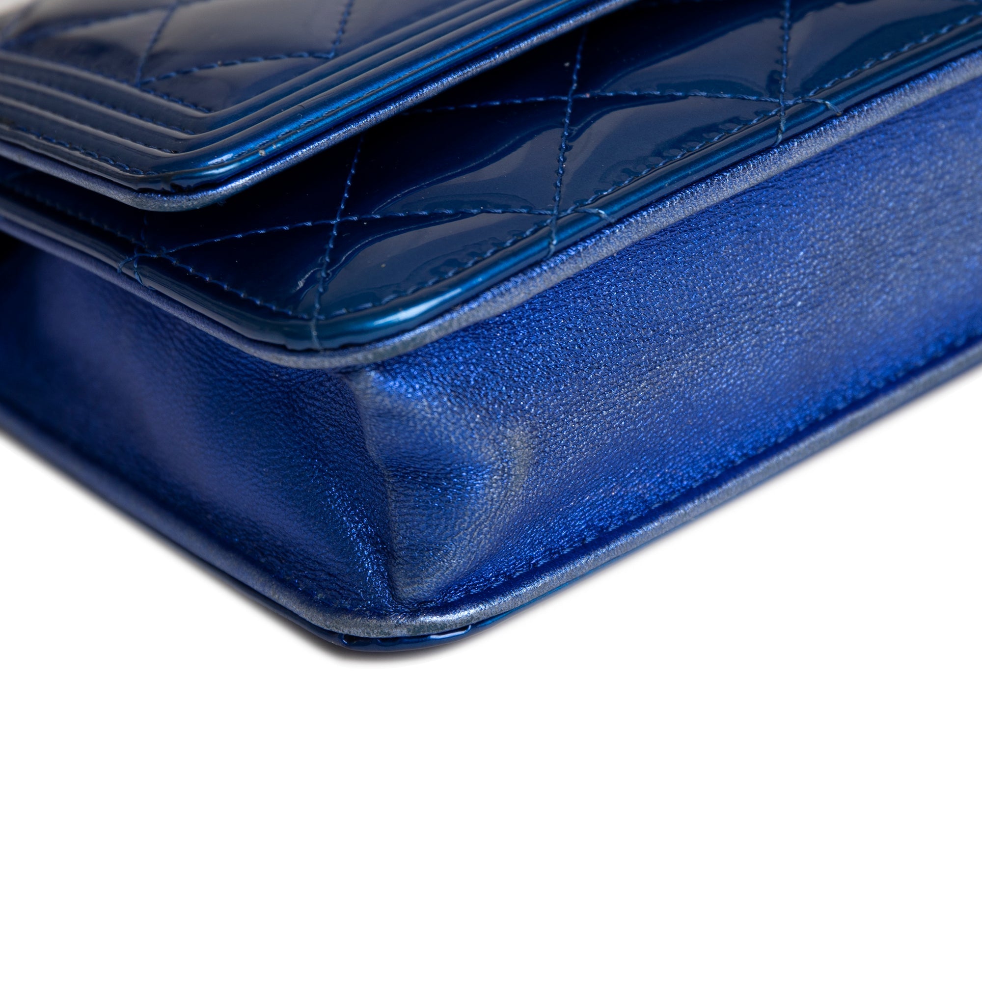 Chanel Metallic Blue Patent Leather Boy Wallet on Chain w/ Authenticity Card