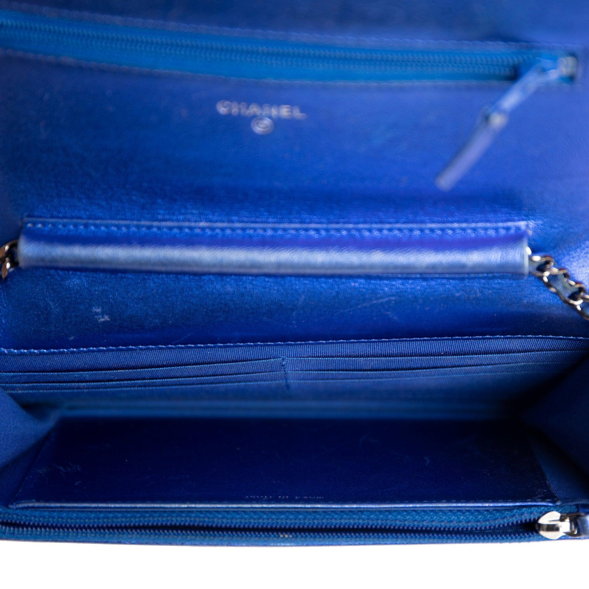 Chanel Metallic Blue Patent Leather Boy Wallet on Chain w/ Authenticity Card