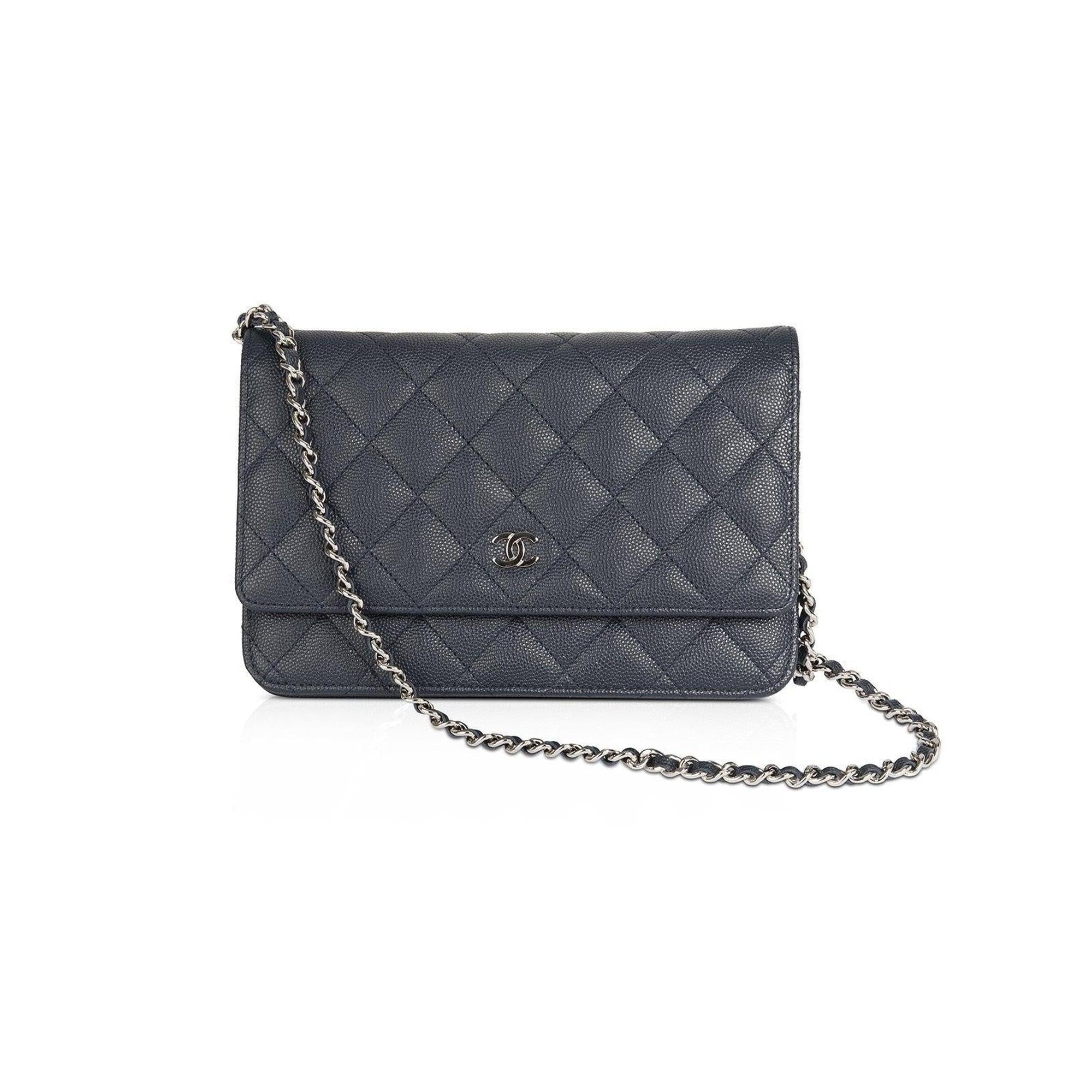 Chanel Navy Caviar Classic Wallet on Chain w/ Authenticity Card & Box