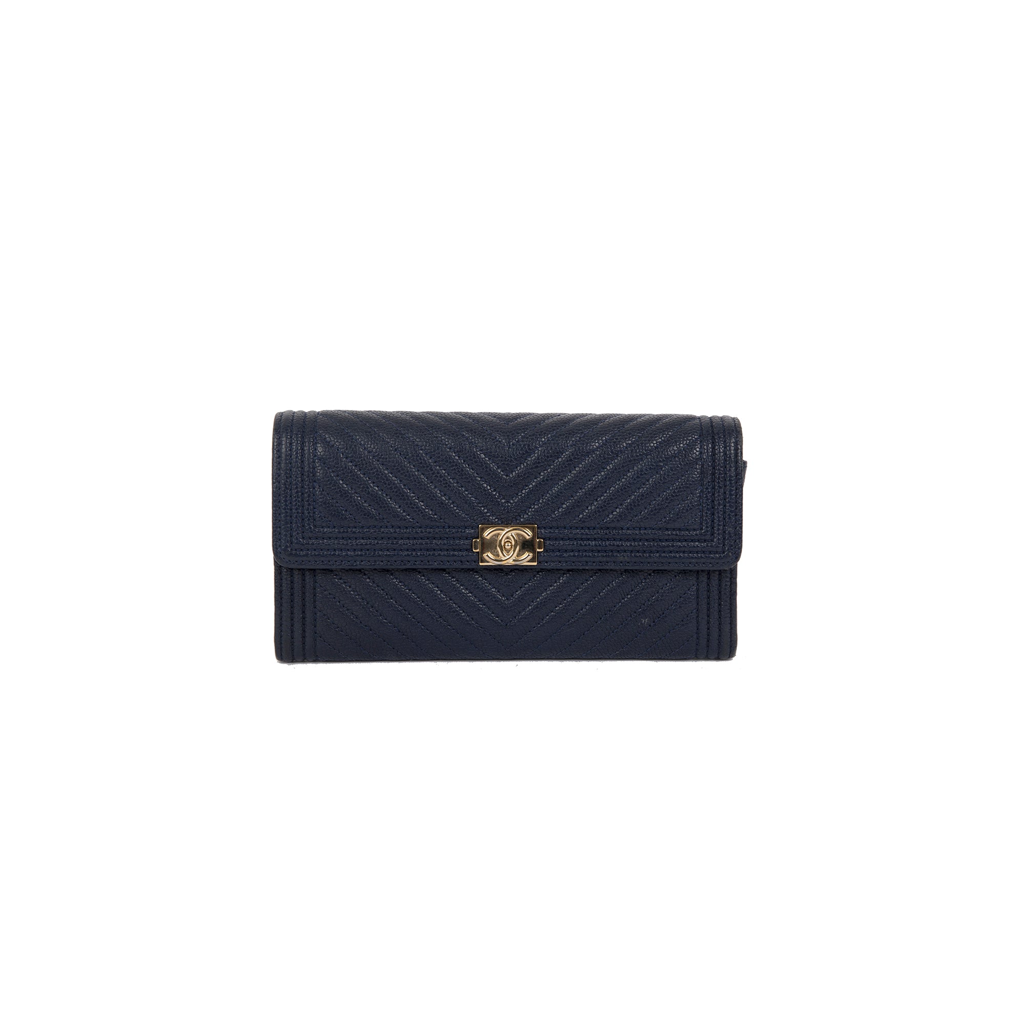Chanel Navy Chevron Boy Long Flap Wallet w/ Authenticity Card