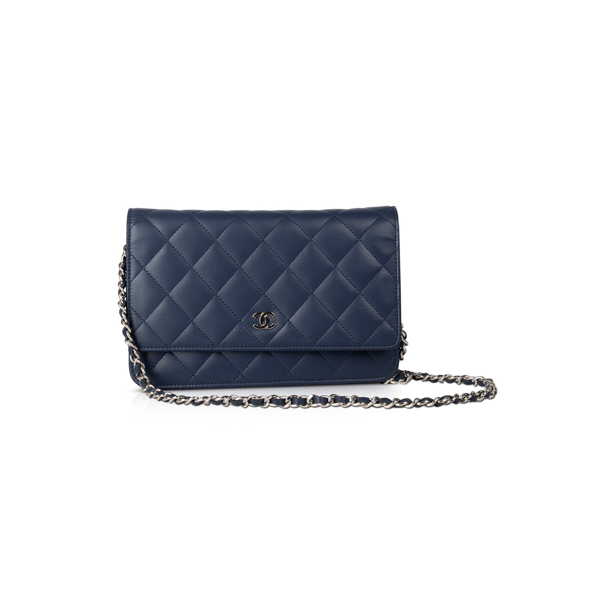 Chanel Navy Lambskin Classic Wallet on Chain w/ Box