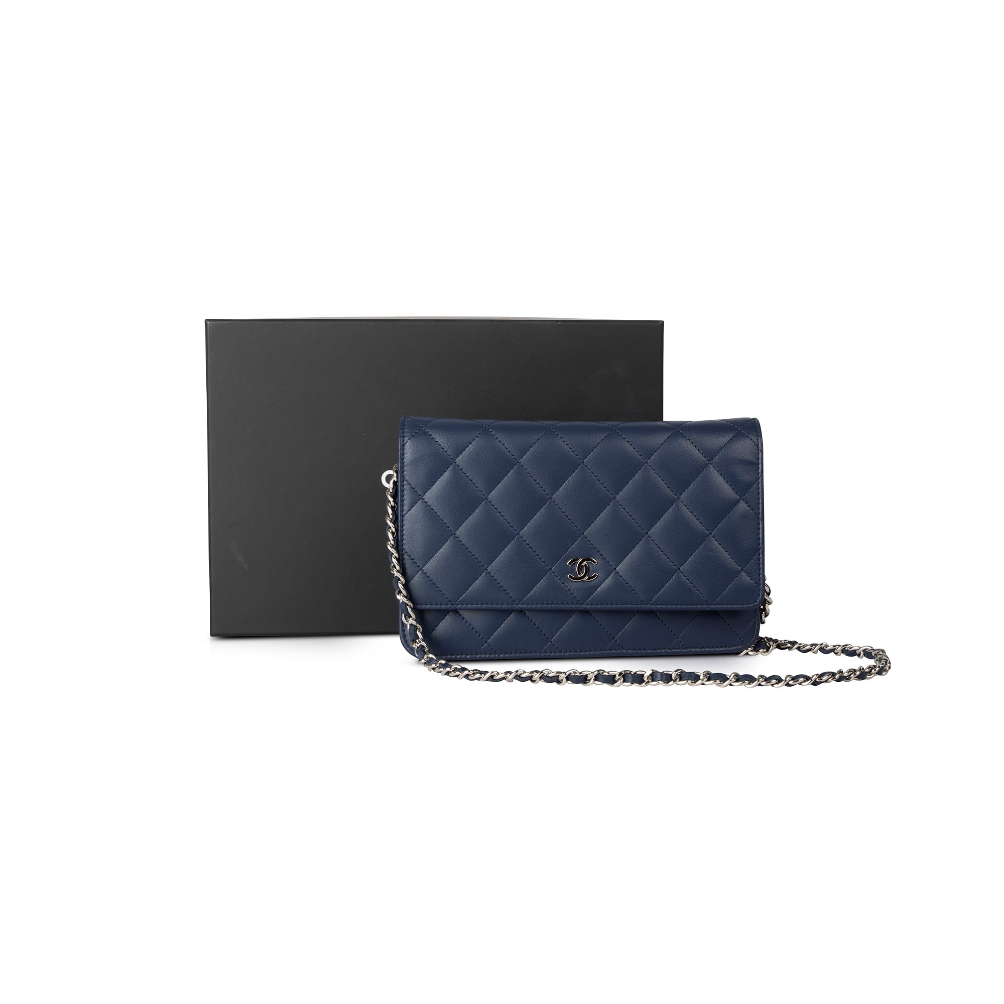 Chanel Navy Lambskin Classic Wallet on Chain w/ Box