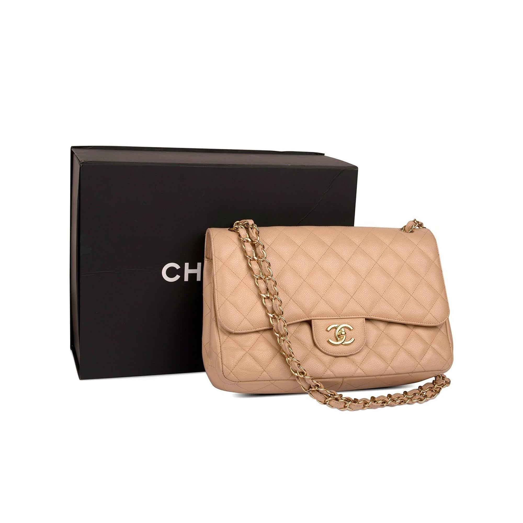 Chanel Neutral Caviar Classic Jumbo Double Flap Bag w/ Box
