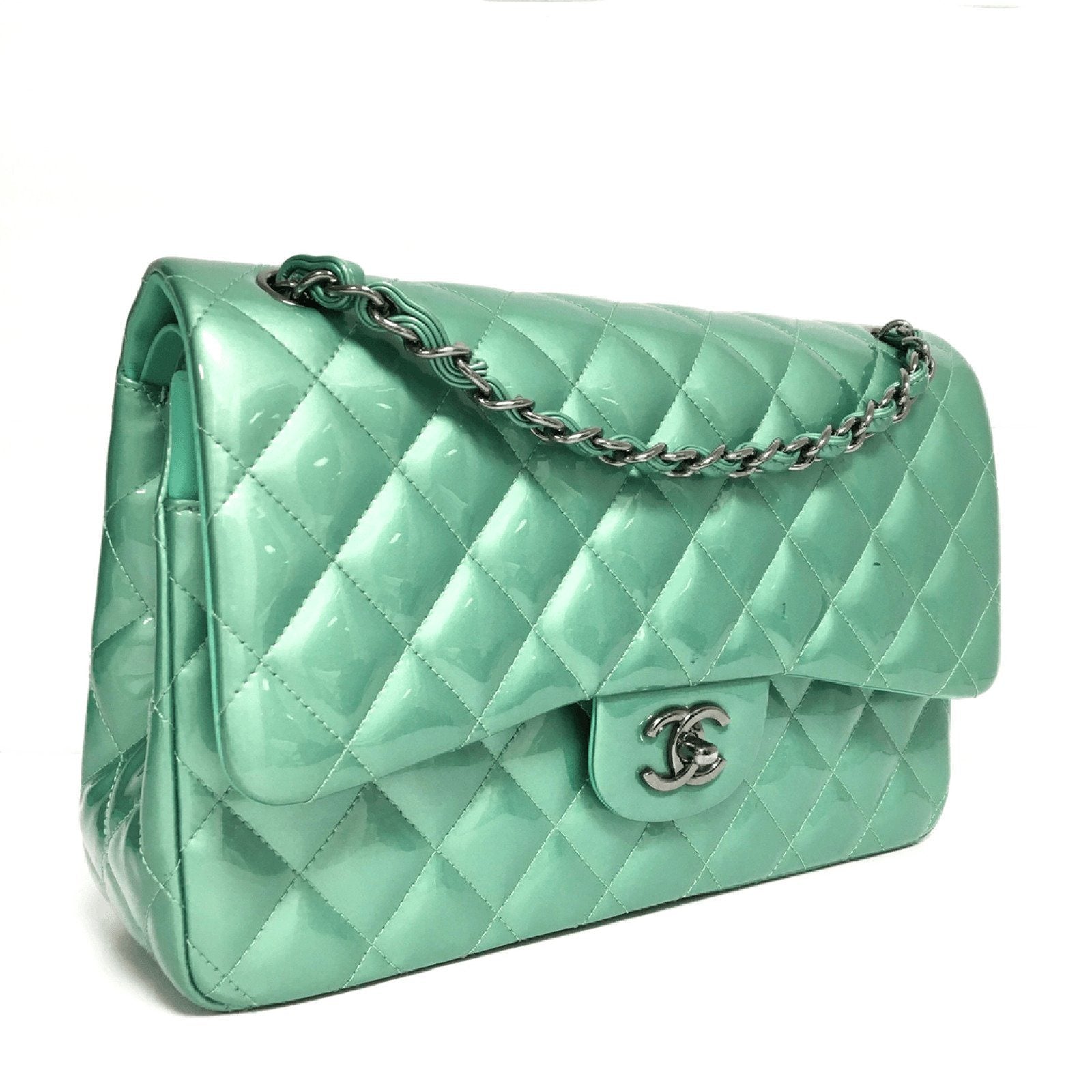 Chanel Patent Green Classic Jumbo Double Flap Bag