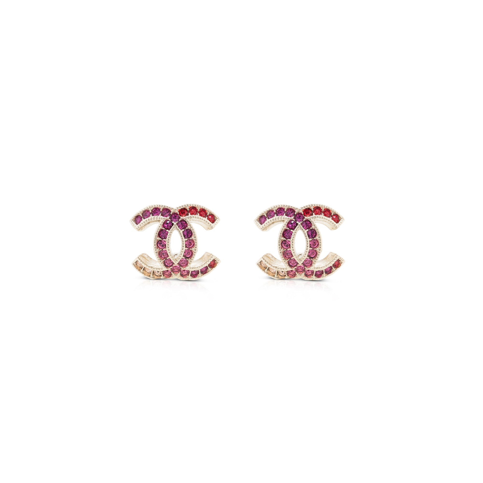 Chanel Pink & Red Crystal CC Stud Earrings w/ Box