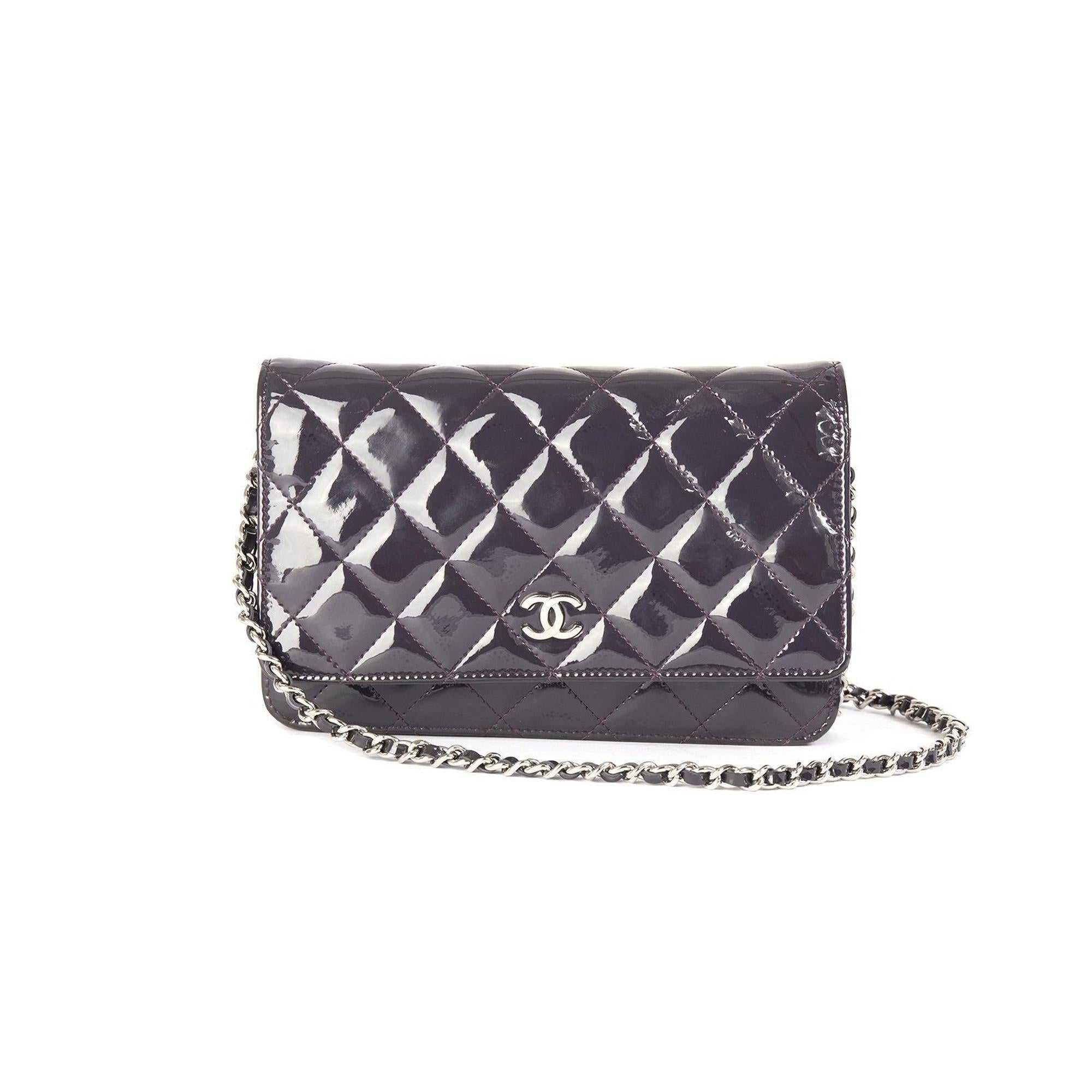 Chanel Purple Patent Classic Wallet on Chain w/ Box