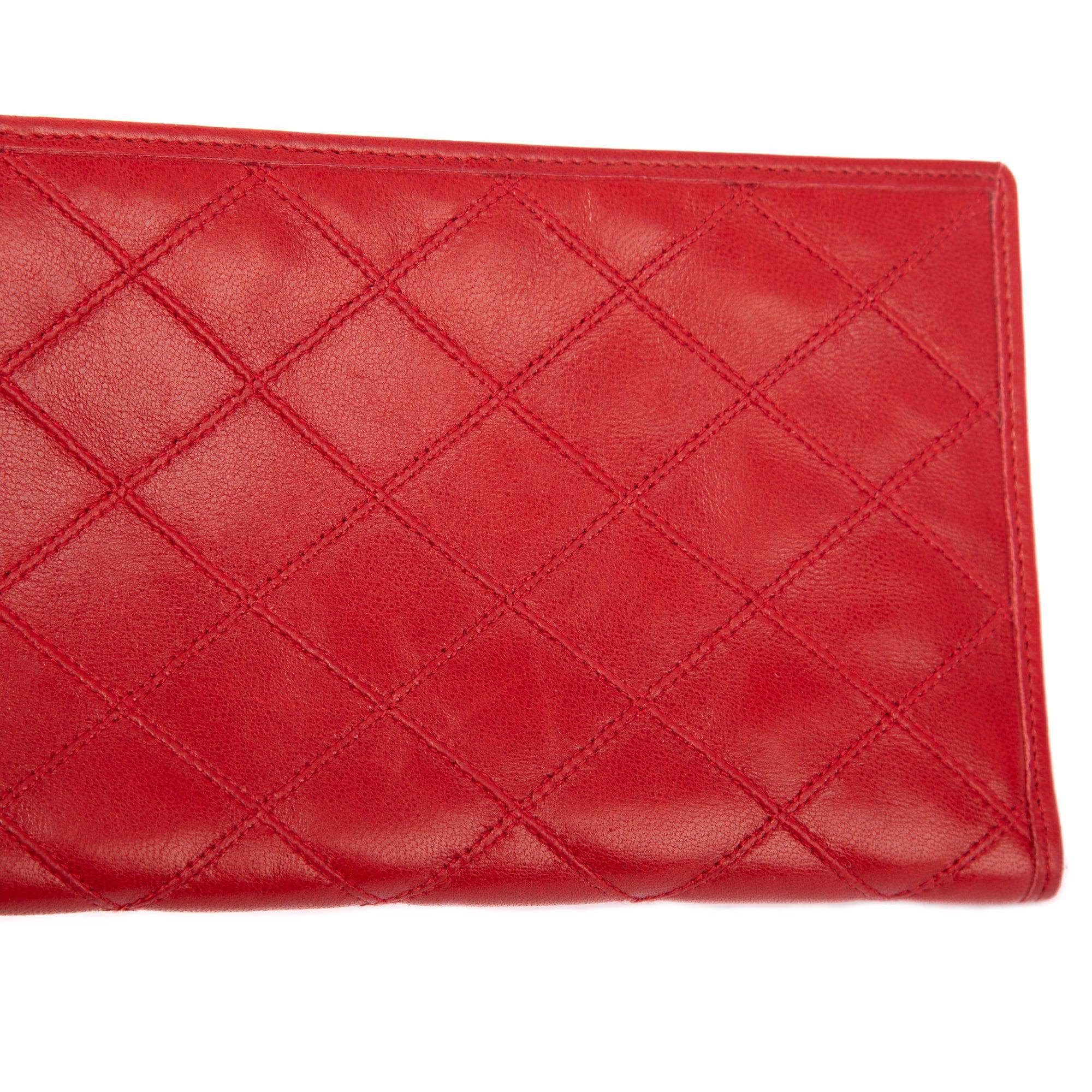 Chanel Red Leather Diamond Stitch Bifold Yen Wallet w/ Authenticity Card