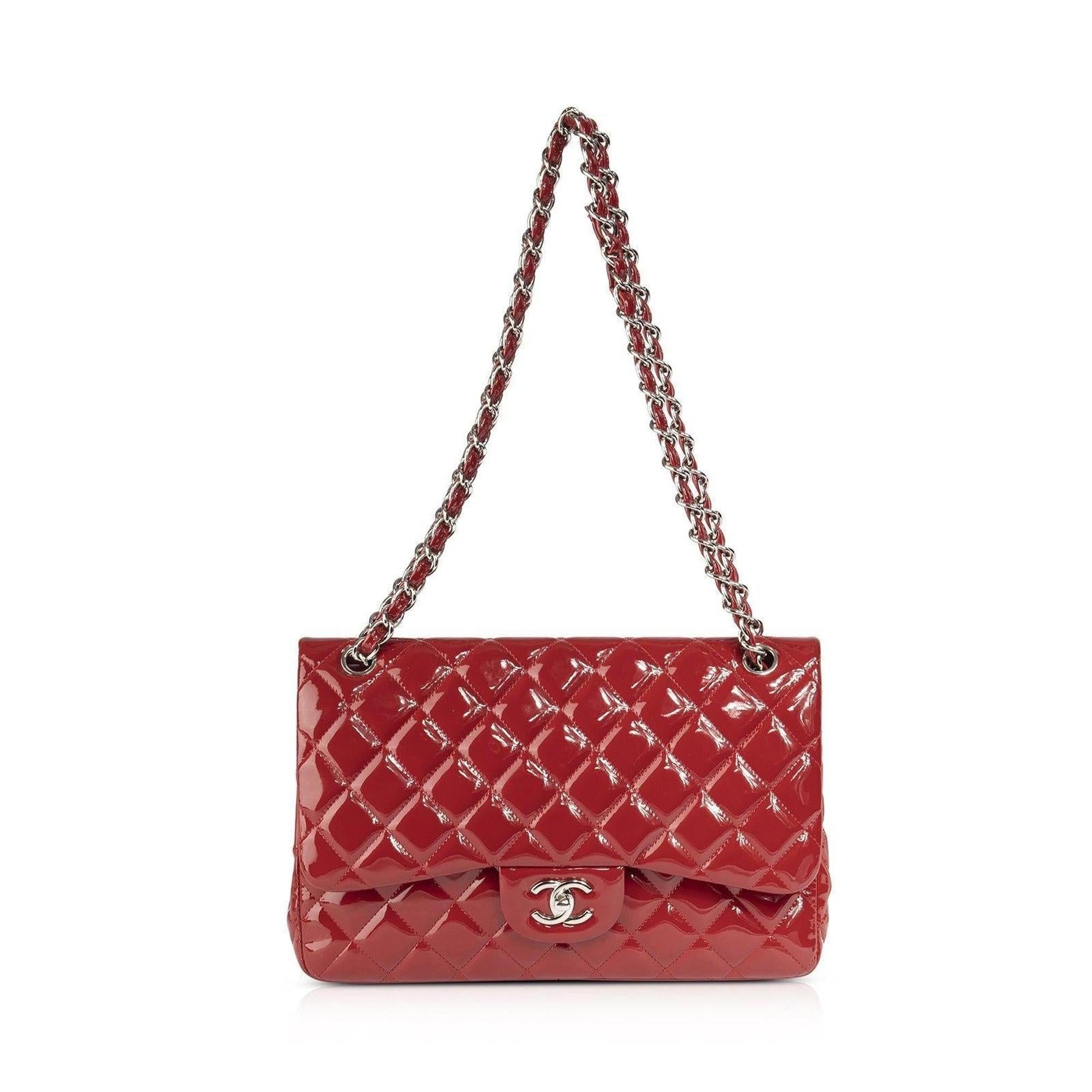 Chanel Red Patent Leather Classic Jumbo Double Flap Bag