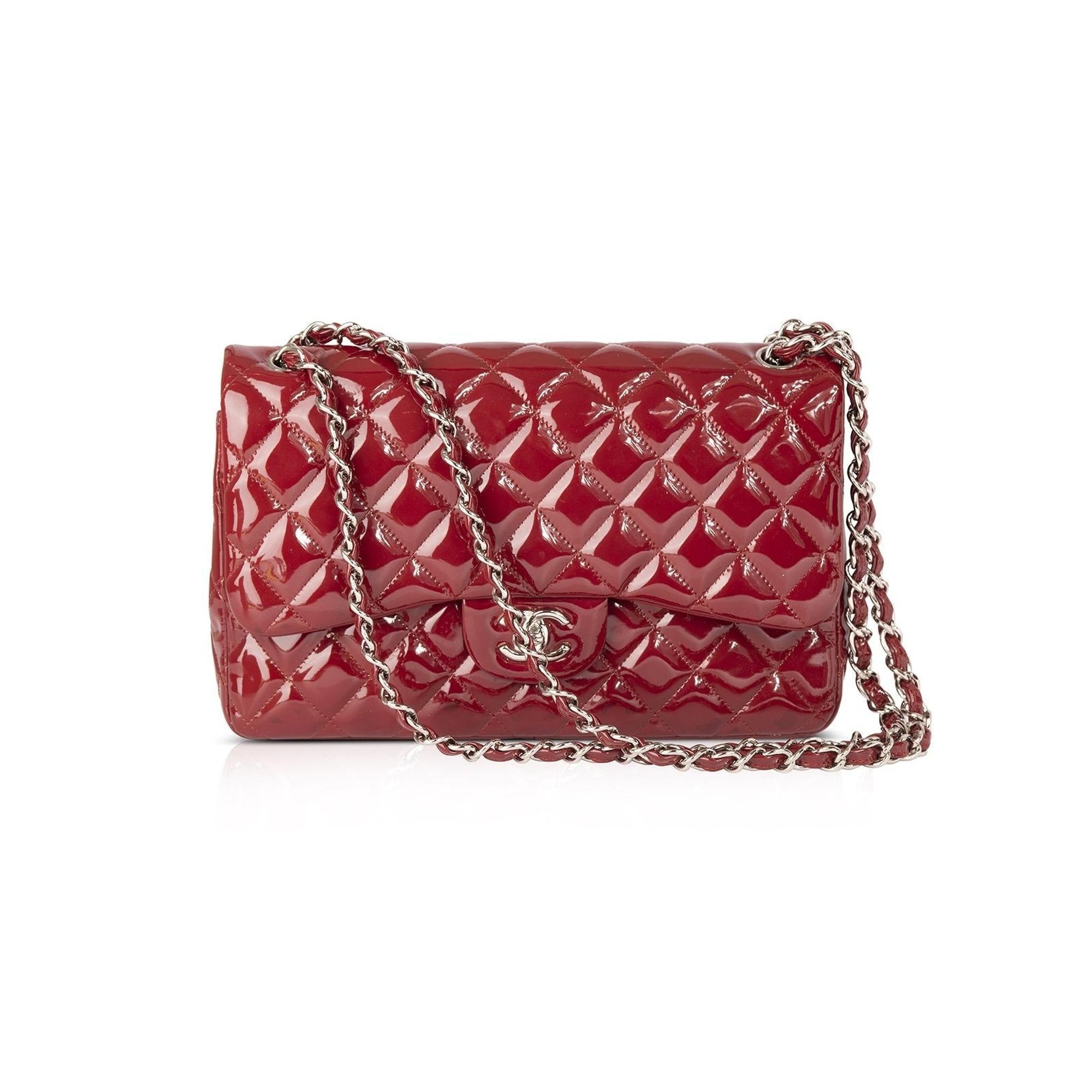Chanel Red Patent Leather Classic Jumbo Double Flap Bag
