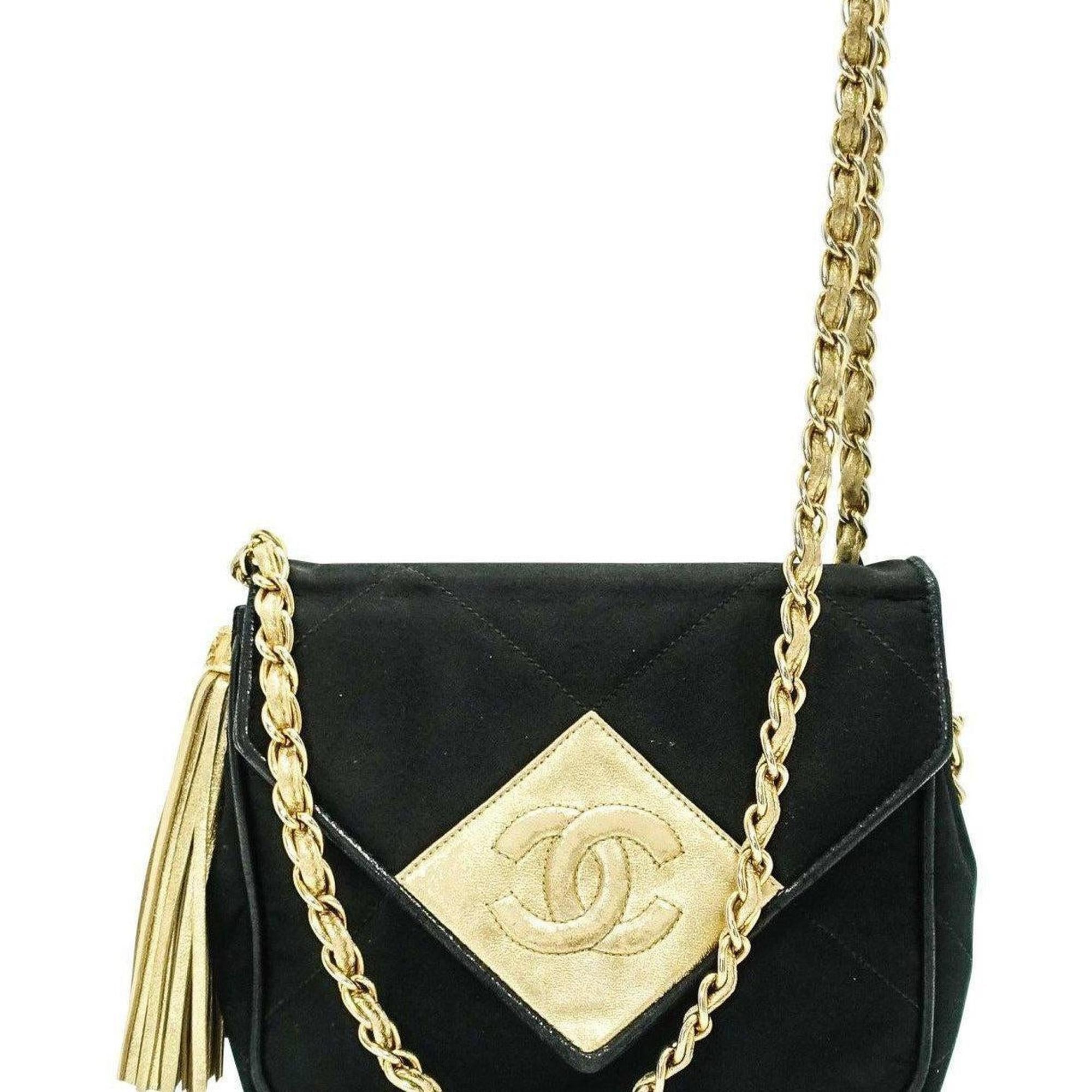 Chanel Satin Black and Gold Tassel Evening Bag