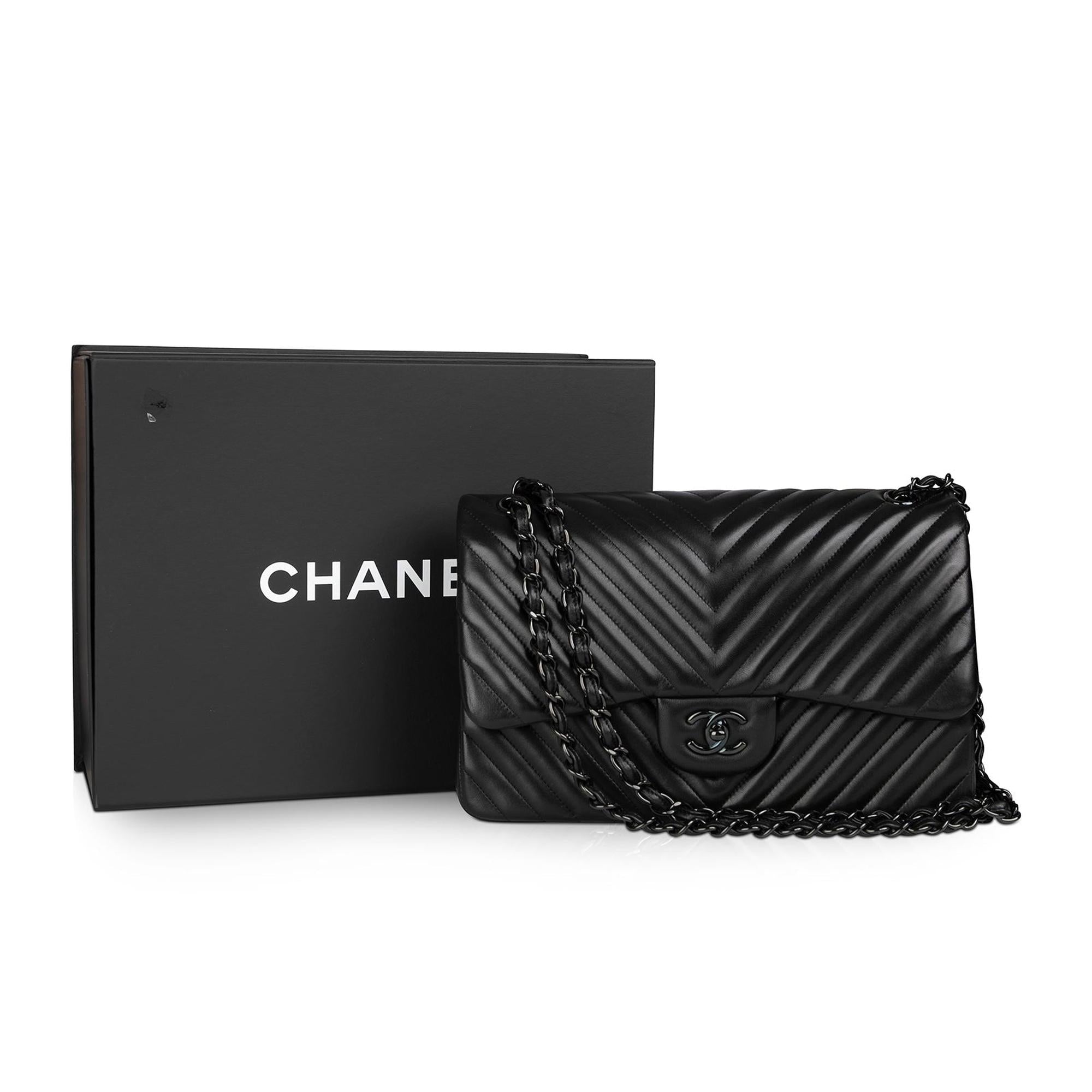 Chanel So Black Chevron Classic Jumbo Double Flap Bag w/ Box