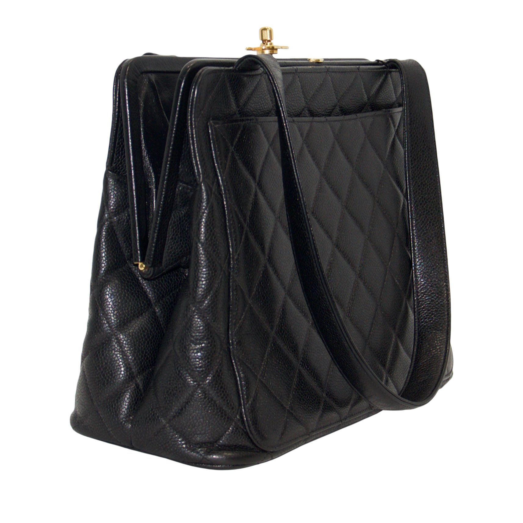 Chanel Vintage Black Caviar Frame Top CC Satchel Bag