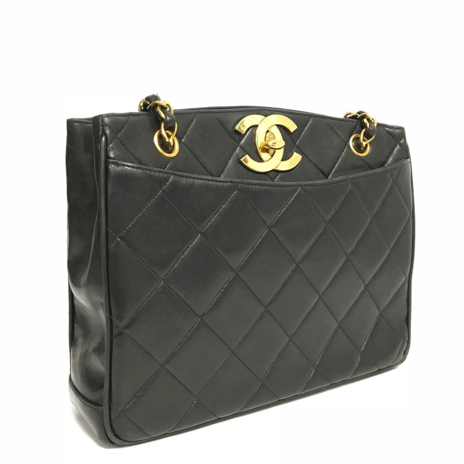 Chanel Vintage Black Quilted Lambskin Leather Tote Shoulder Bag