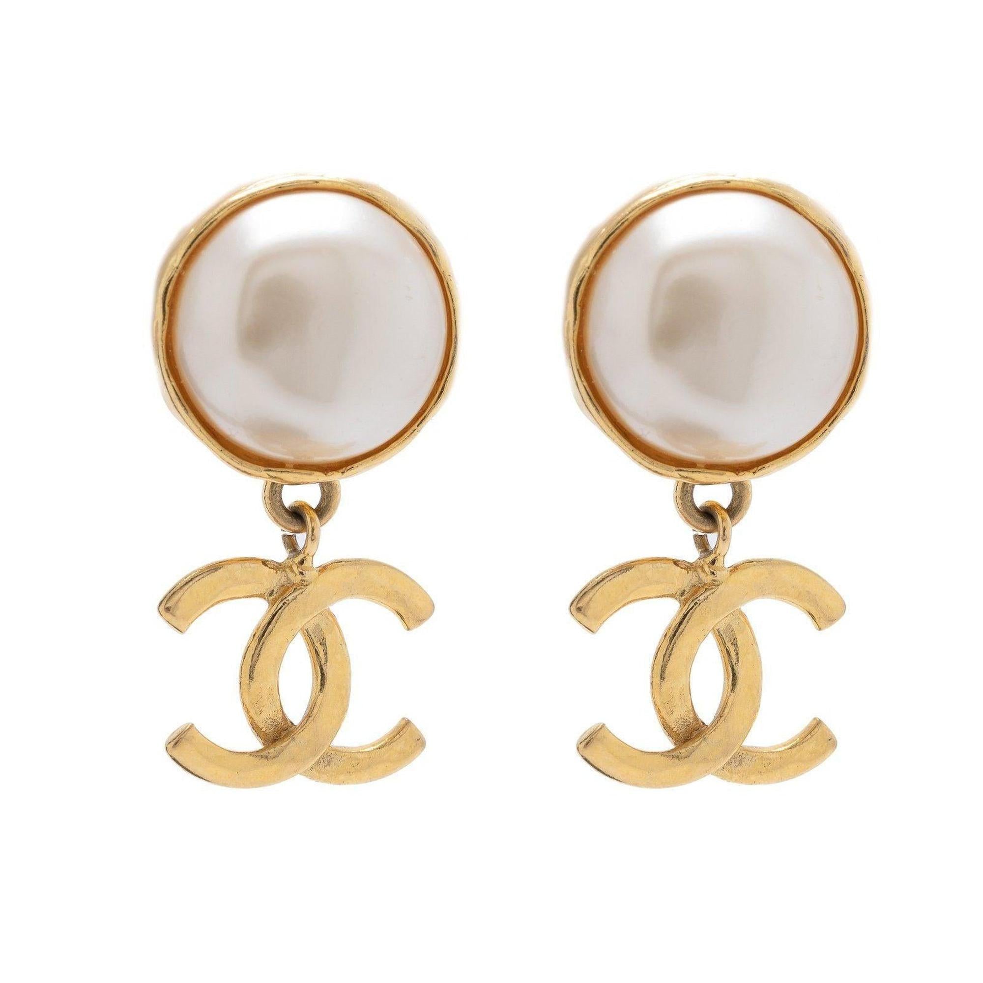 Chanel Vintage Faux Pearl CC Drop Clip-On Earrings