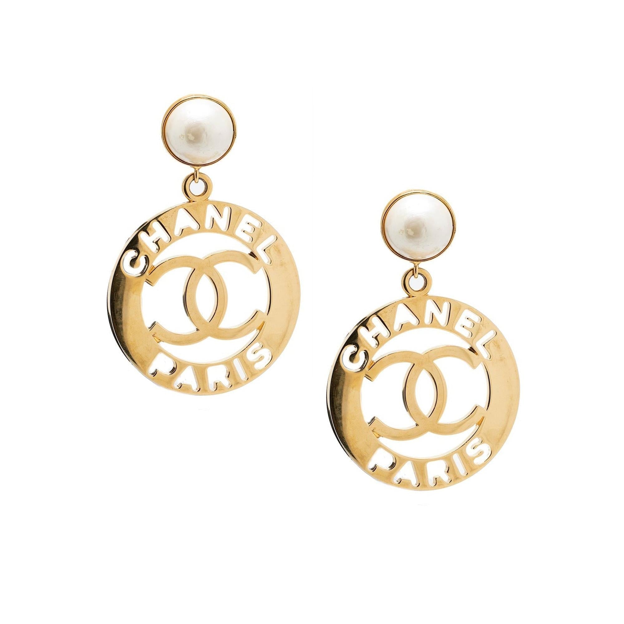 Chanel Vintage Faux Pearl CC Paris Large Clip-On Drop Earrings w/ Box