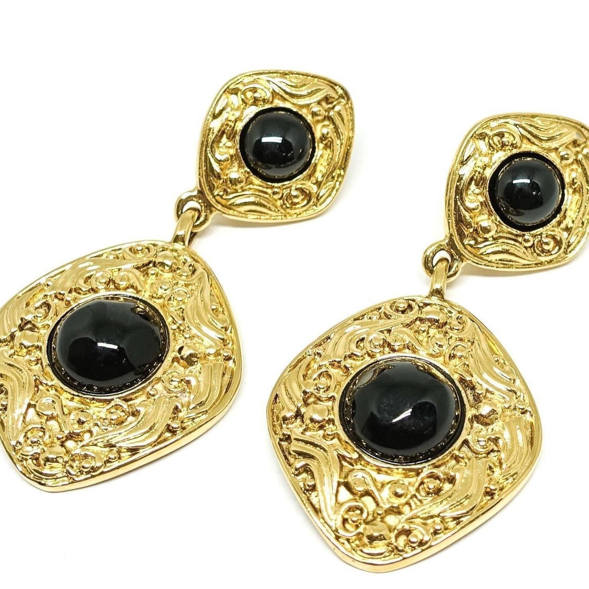 Chanel Vintage Gold Plated Large Dangle Earrings with Faux Black Pearls