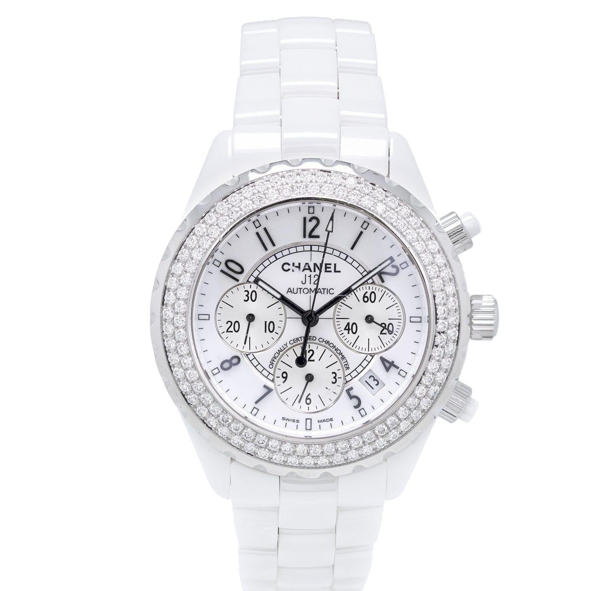 Chanel White Ceramic J12 Watch with Diamond Bezel w/ Box