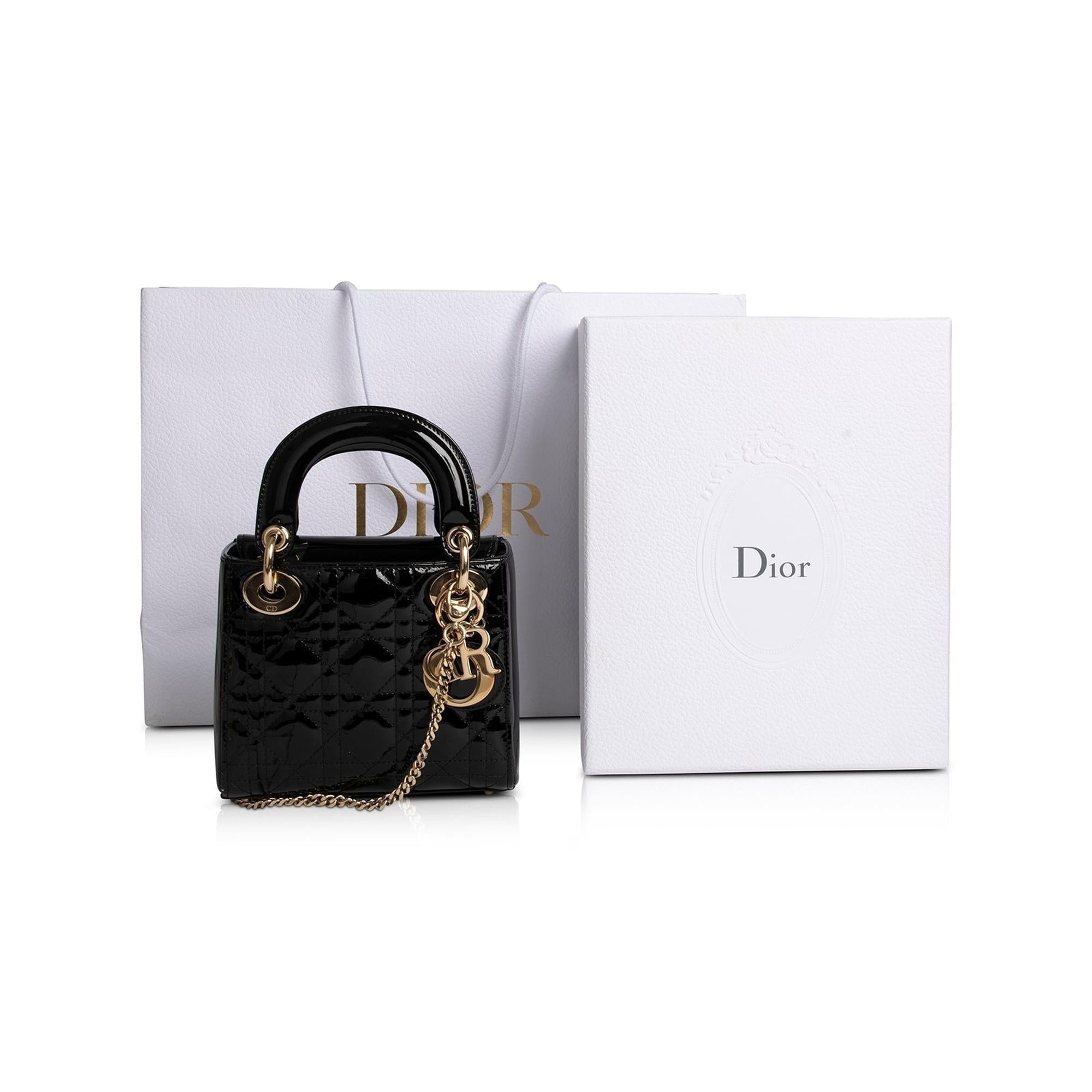 Christian Dior Black Patent Mini Lady Dior Bag w/ Box & Authenticity Card