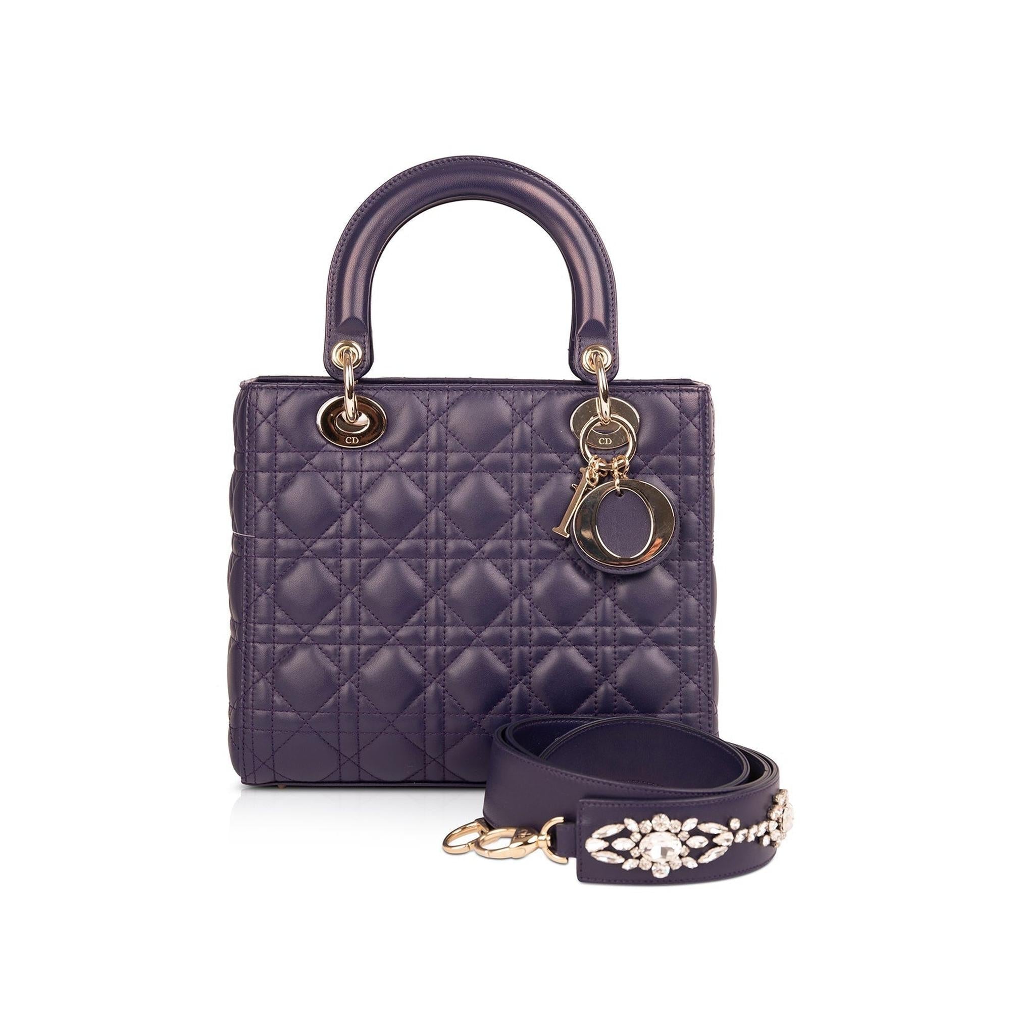 Christian Dior Medium Cannage Lambskin Lady Dior Bag w/ Crystal Strap