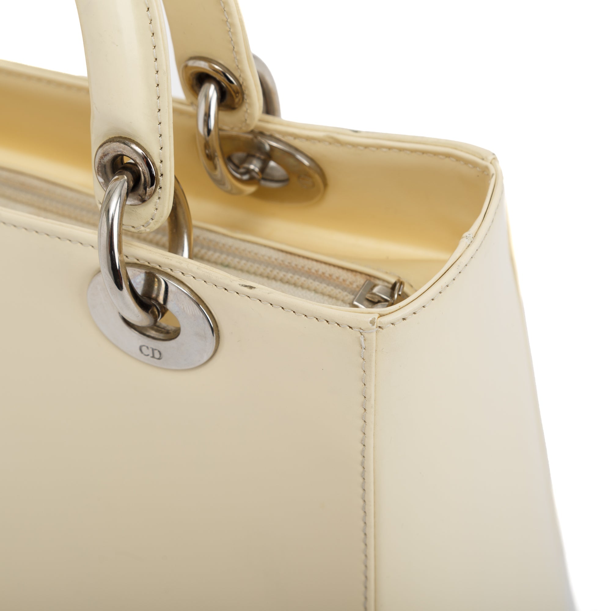 Christian Dior Vintage White Patent Leather Medium Lady Dior Bag w/ Strap