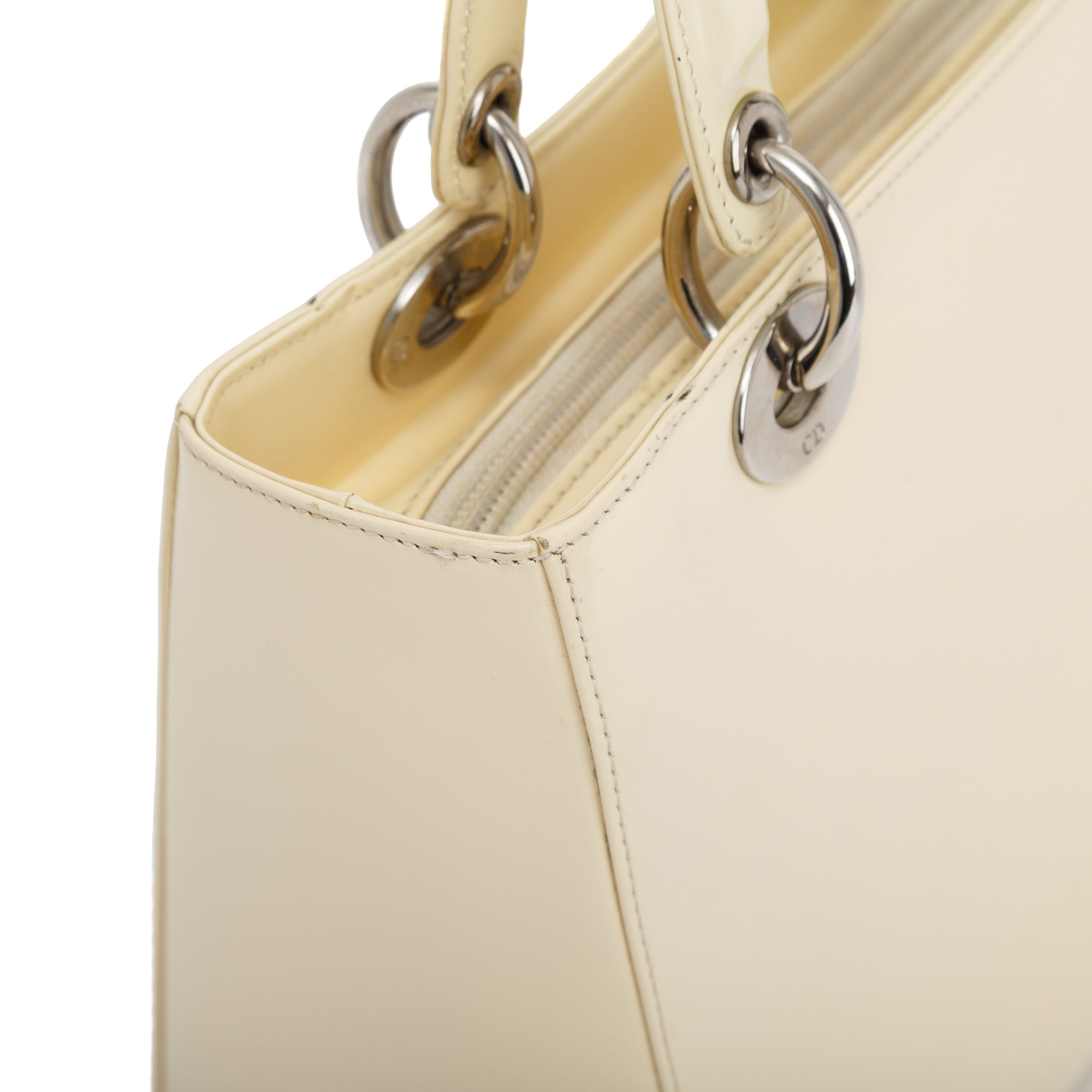 Christian Dior Vintage White Patent Leather Medium Lady Dior Bag w/ Strap