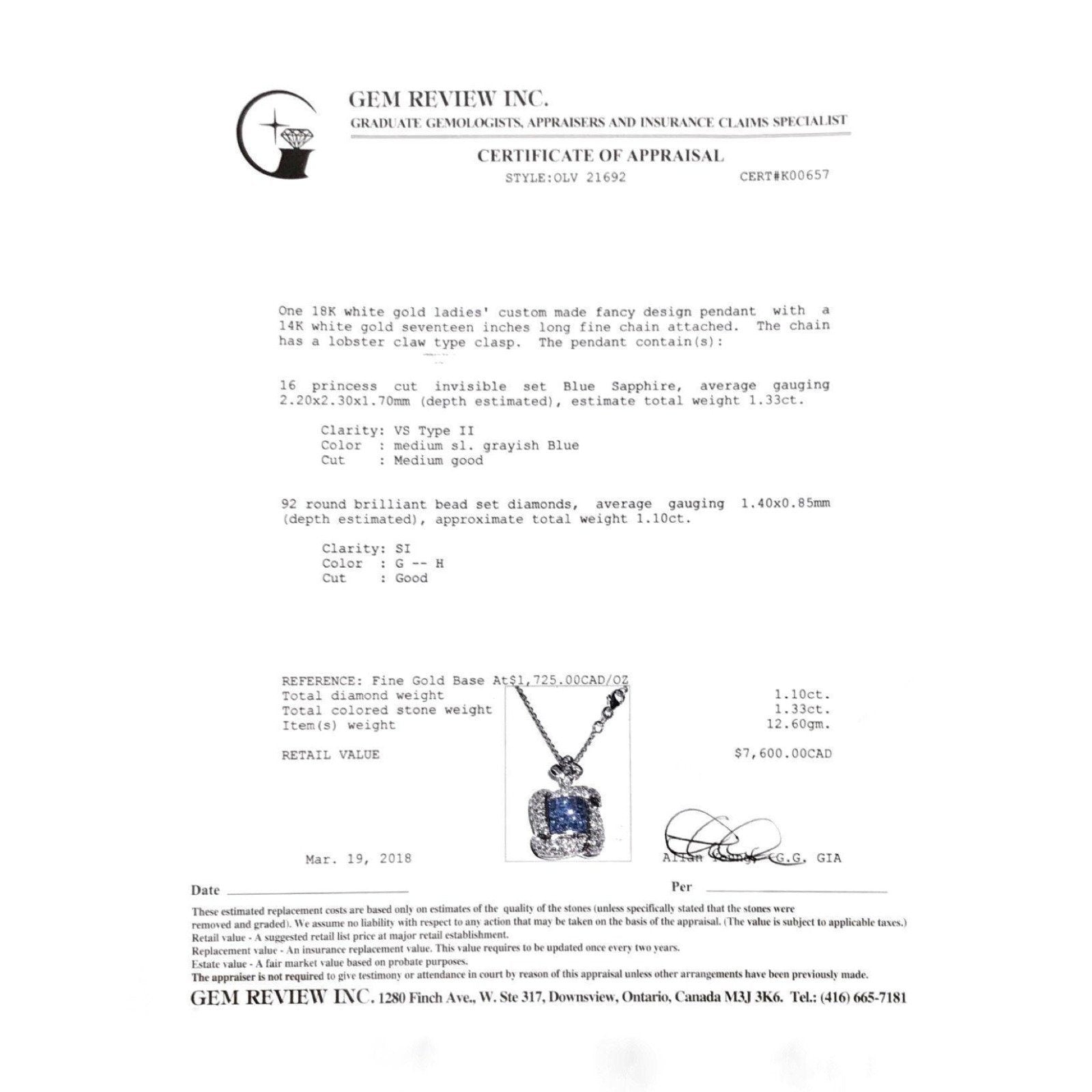 Custom Made Diamond and Sapphire Pendant in 18 Karat White Gold