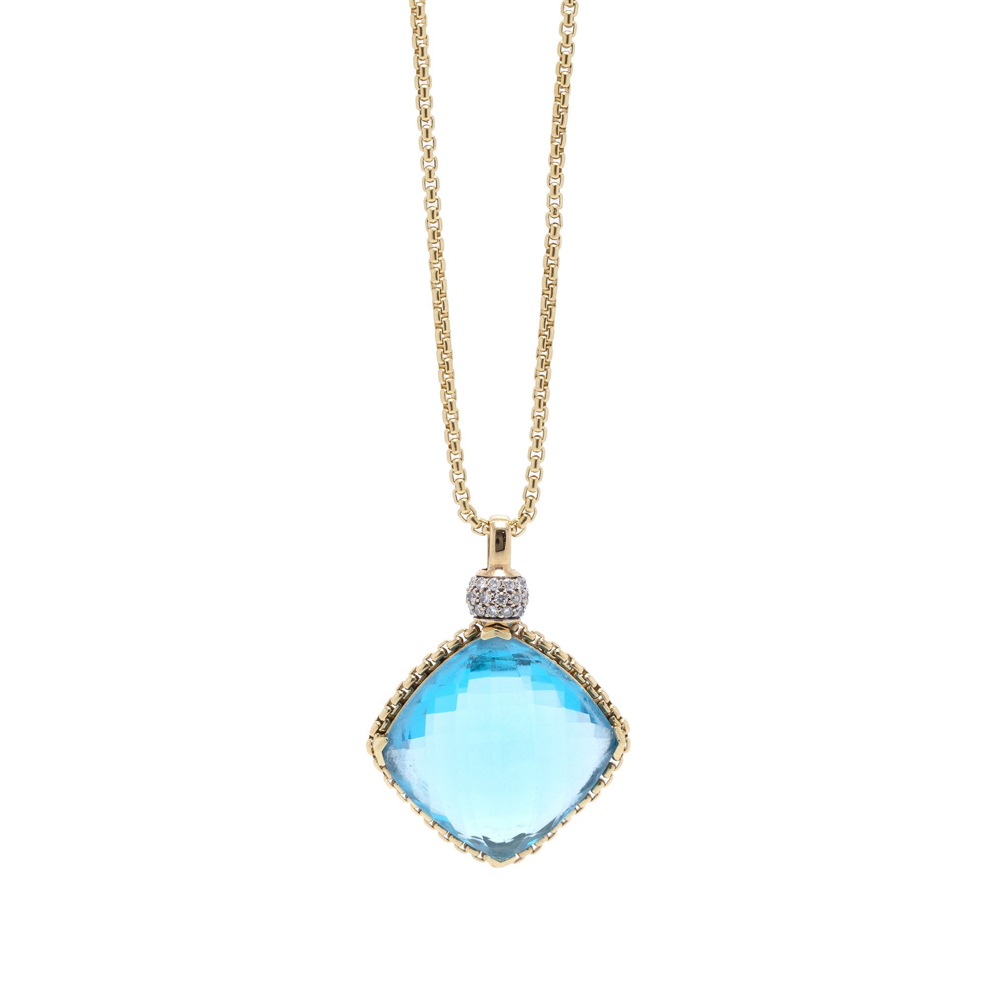 David Yurman 18k Gold Cushion On Point Pendant Necklace with Blue Topaz & Diamonds