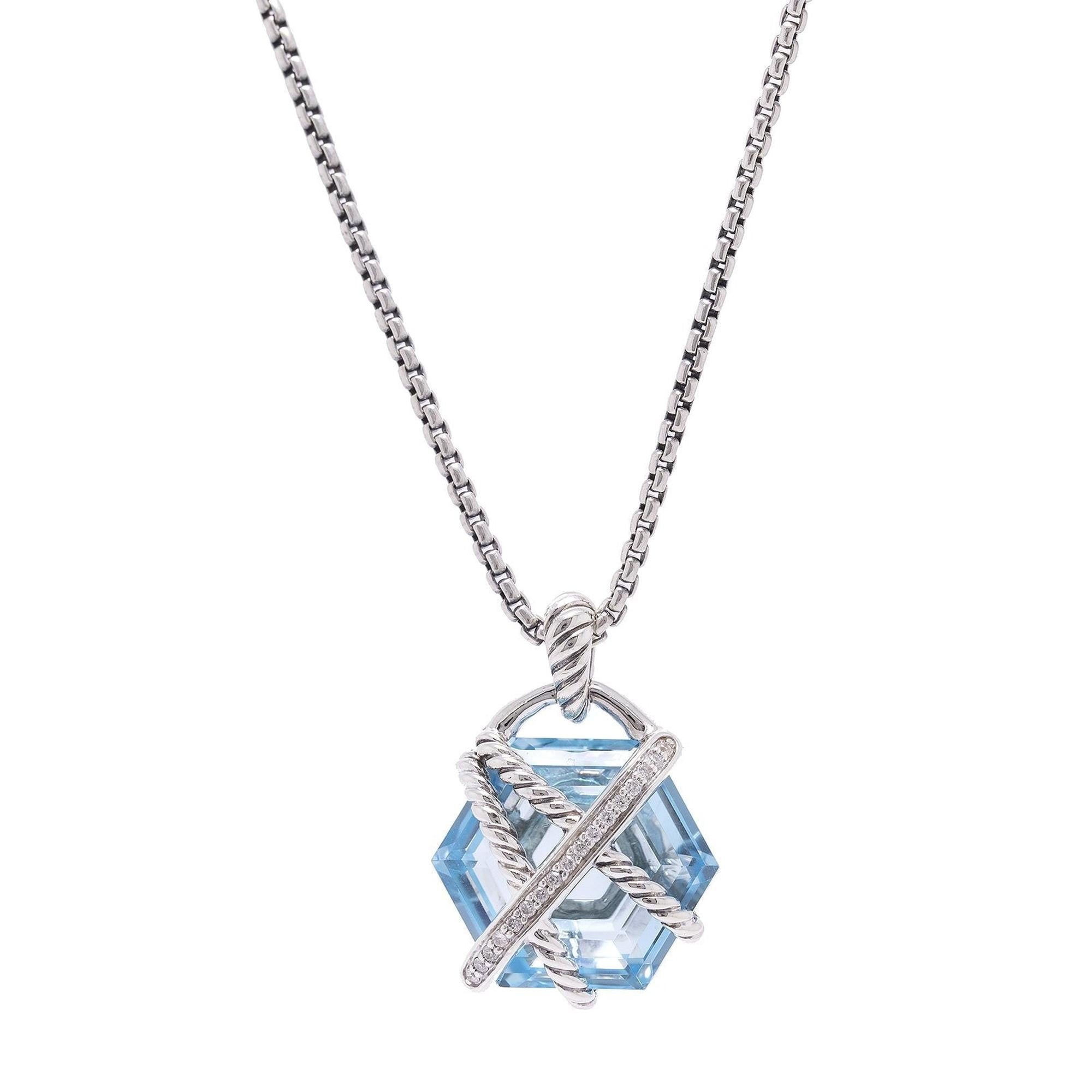 David Yurman Blue Topaz & Diamond Cable Wrap Pendant Necklace