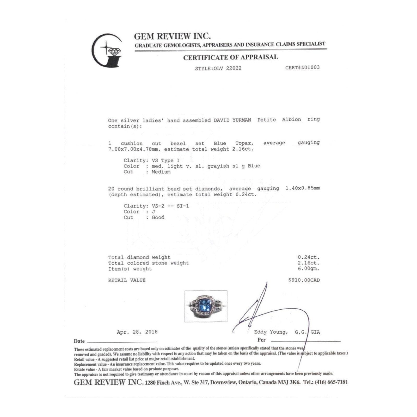 David Yurman Blue Topaz and Diamond Petite Albion Ring