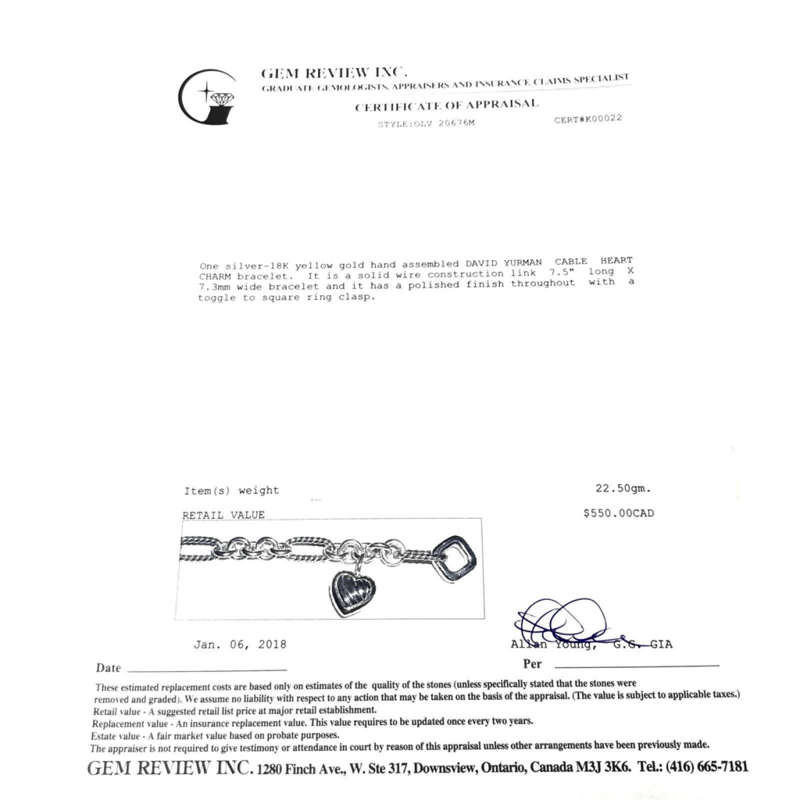 David Yurman Cable Heart Charm Bracelet