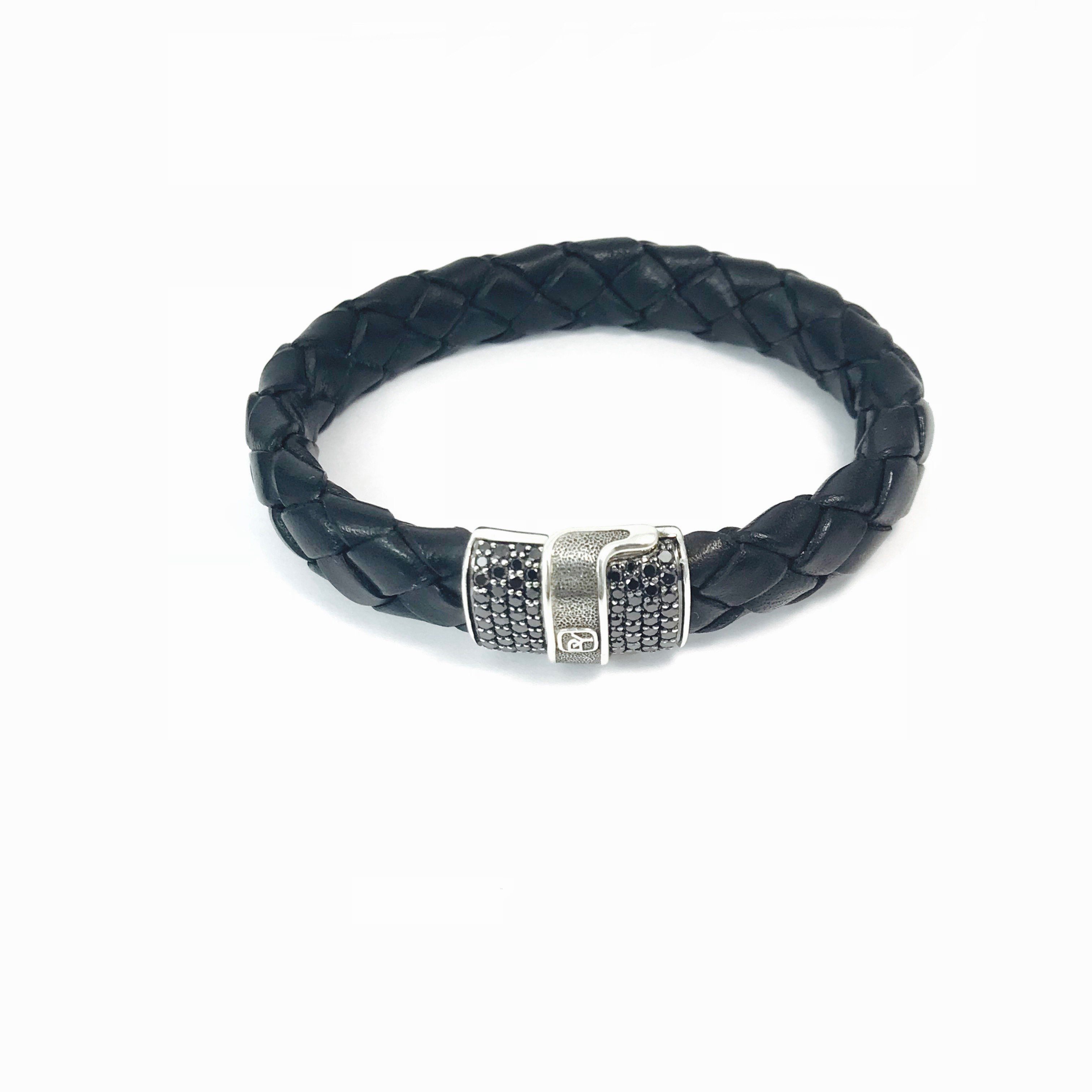 David Yurman Chevron Narrow Woven Leather Black Diamond Bracelet