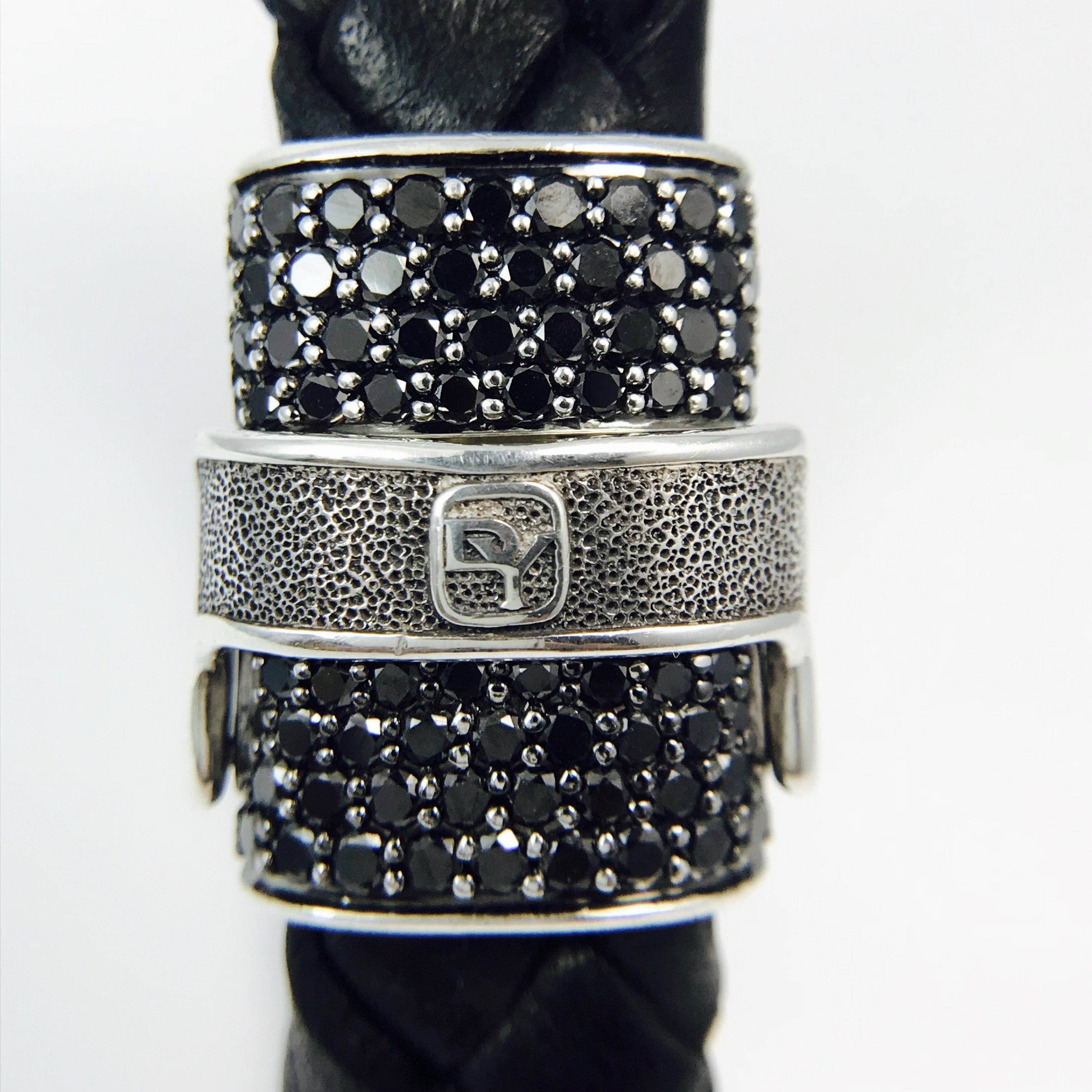 David Yurman Chevron Narrow Woven Leather Black Diamond Bracelet