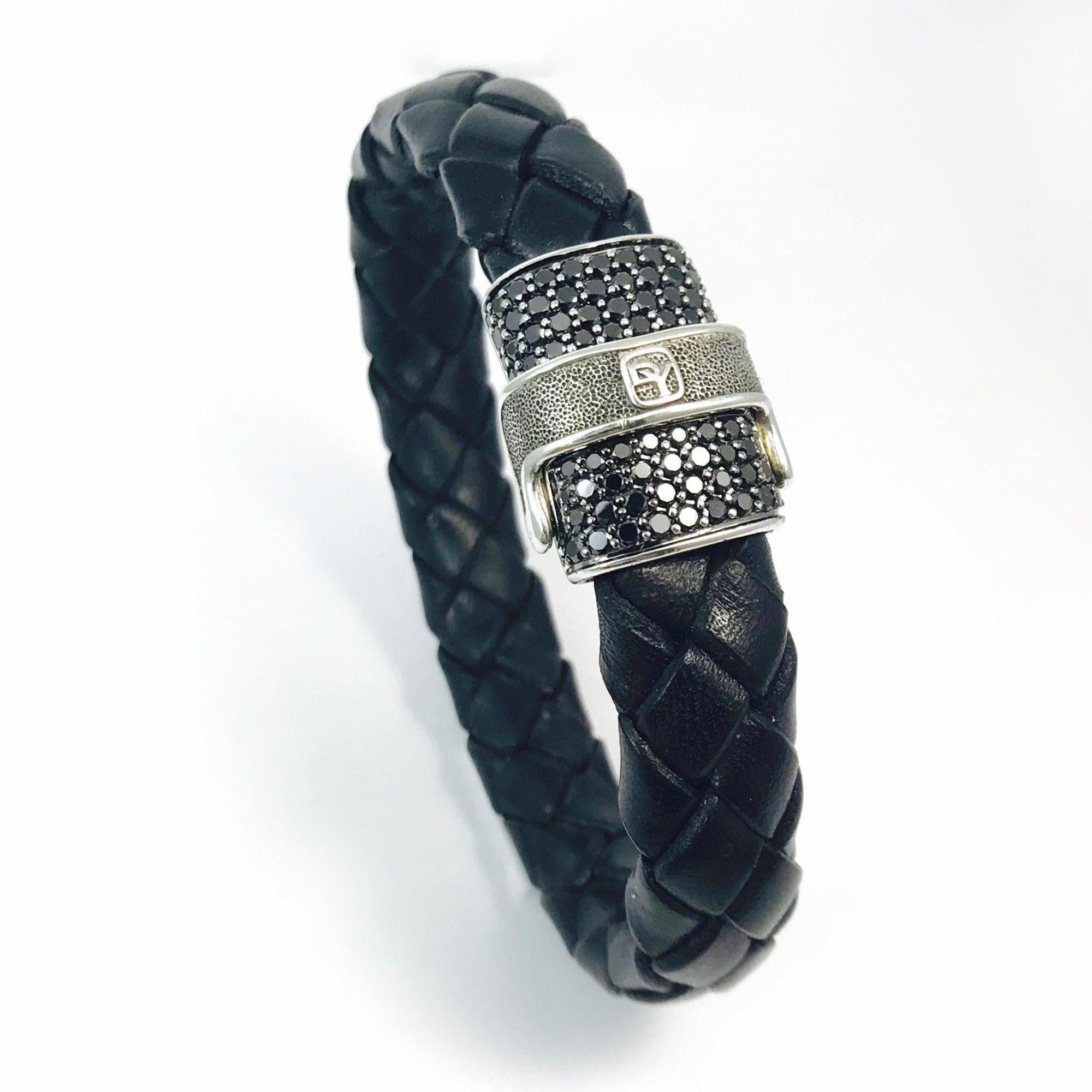 David Yurman Chevron Narrow Woven Leather Black Diamond Bracelet