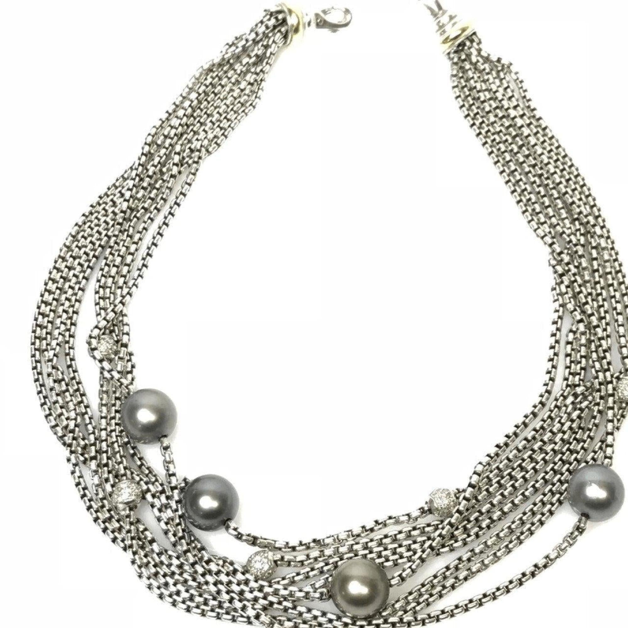 David Yurman Multi Strand Pave Diamond and Black Pearl Necklace