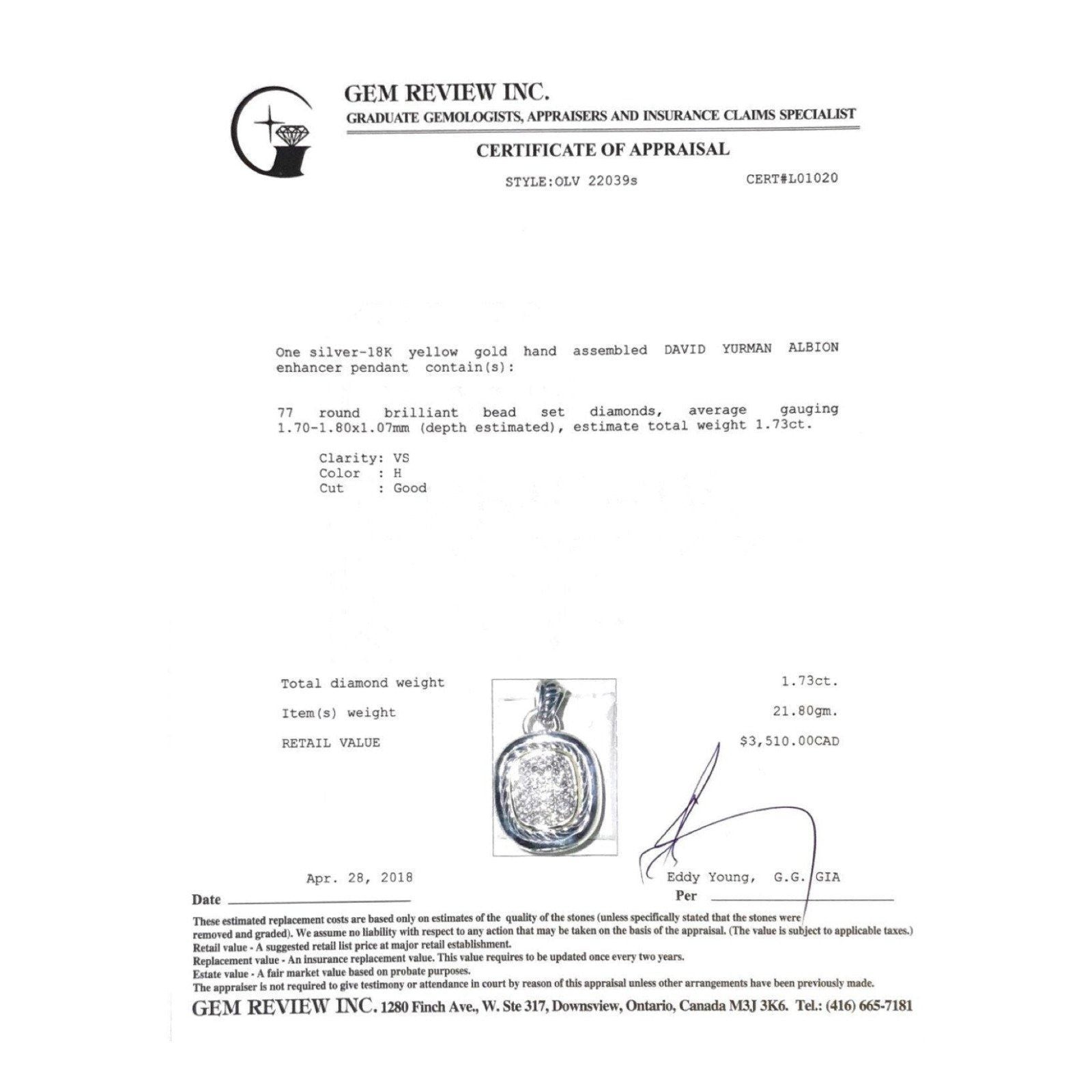 David Yurman Pave Diamond Albion Enhancer Pendant