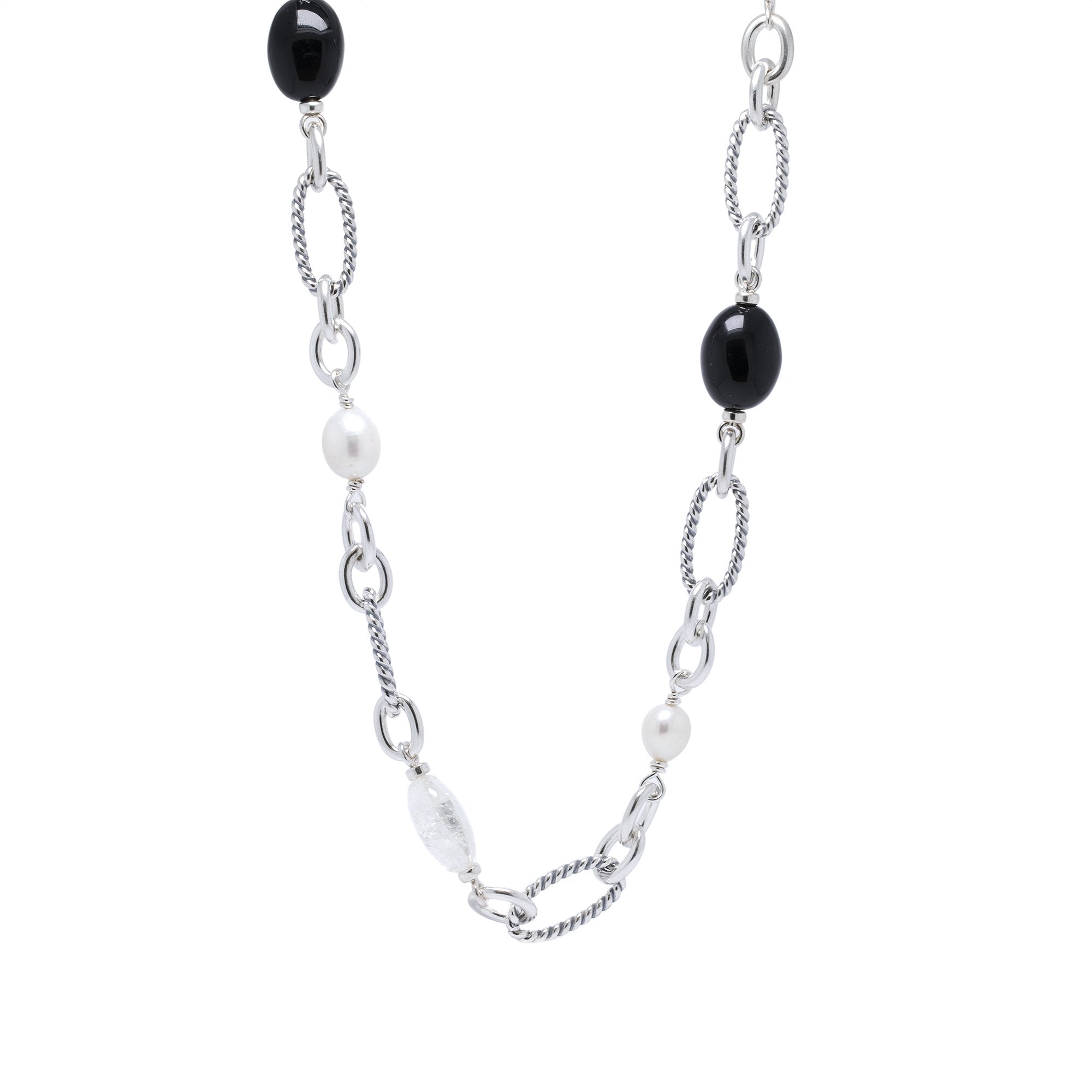 David Yurman Pearl, Onyx, Quartz Figaro Link Necklace