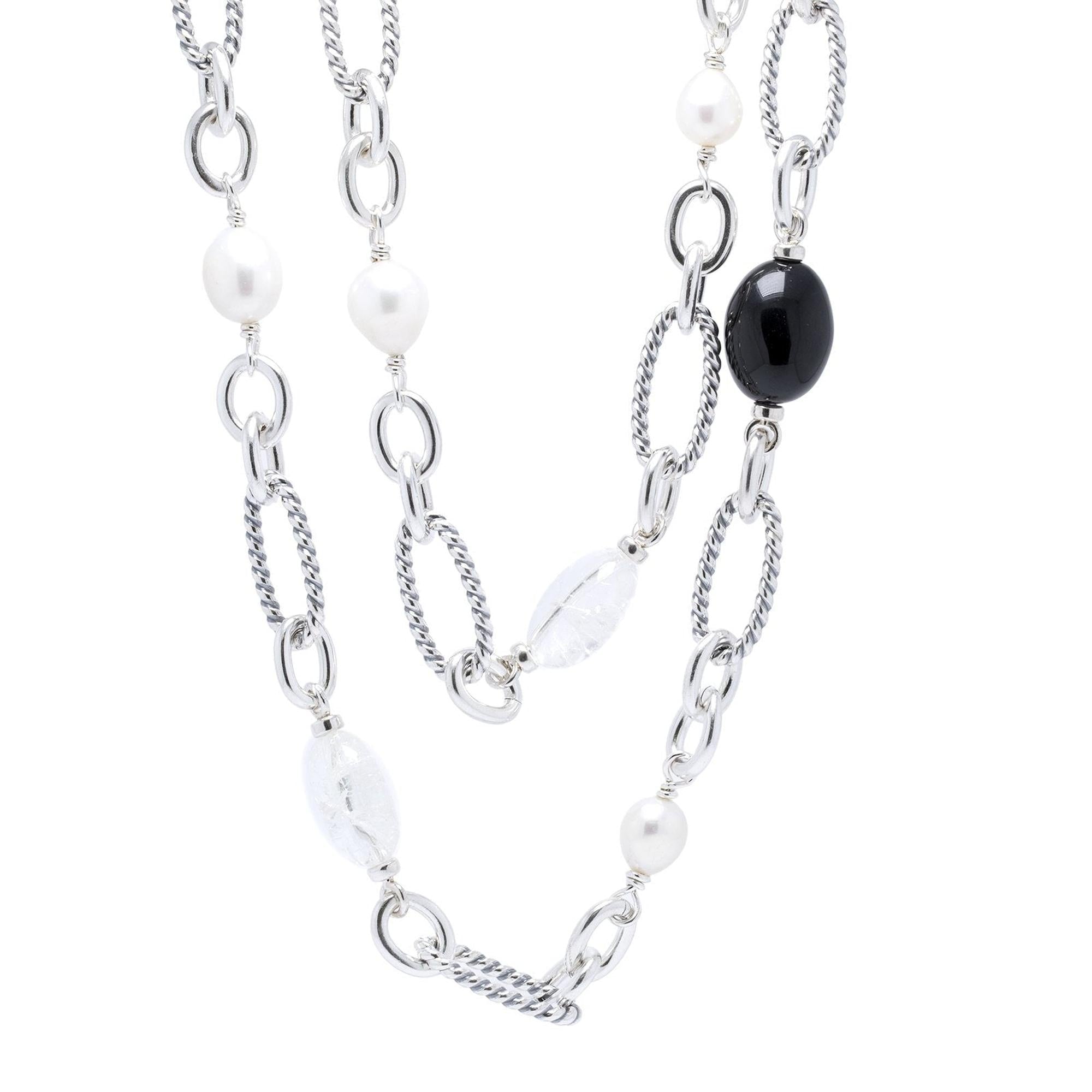 David Yurman Pearl, Onyx, Quartz Figaro Link Necklace