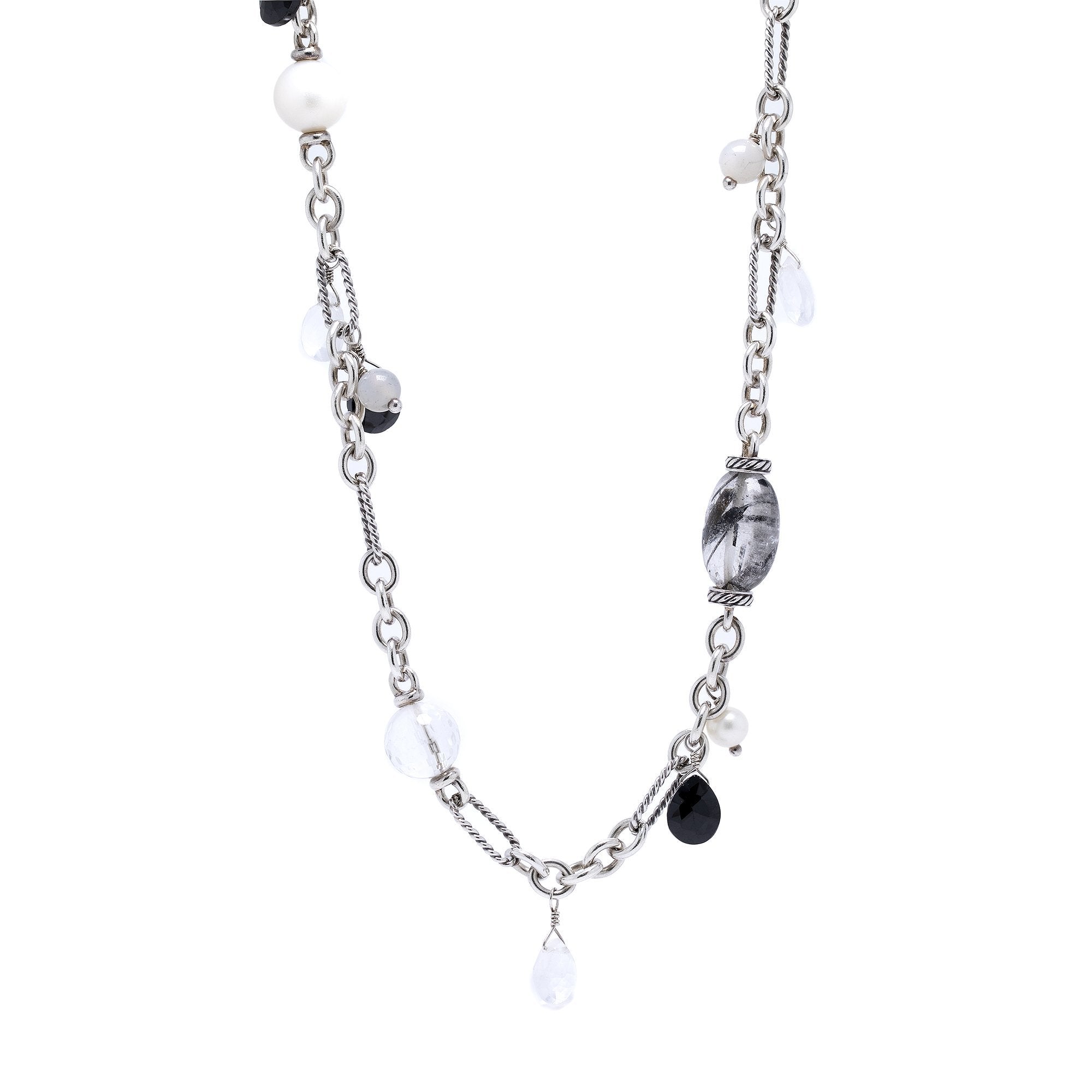 David Yurman Pearl, Onyx, Quartz Station Figaro Link Necklace