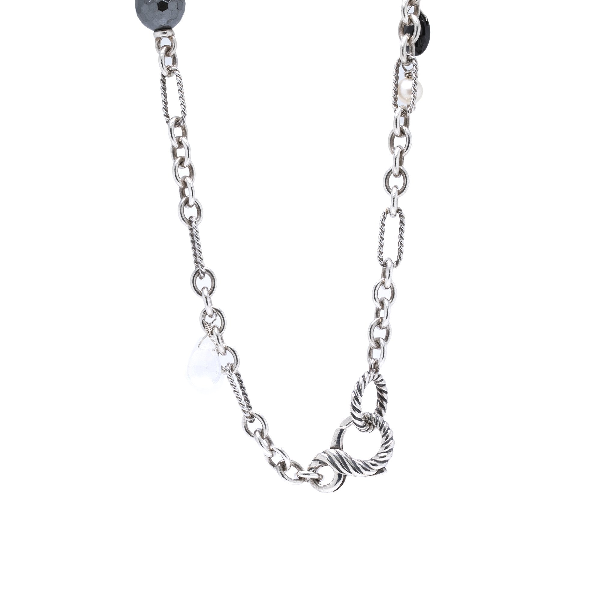 David Yurman Pearl, Onyx, Quartz Station Figaro Link Necklace