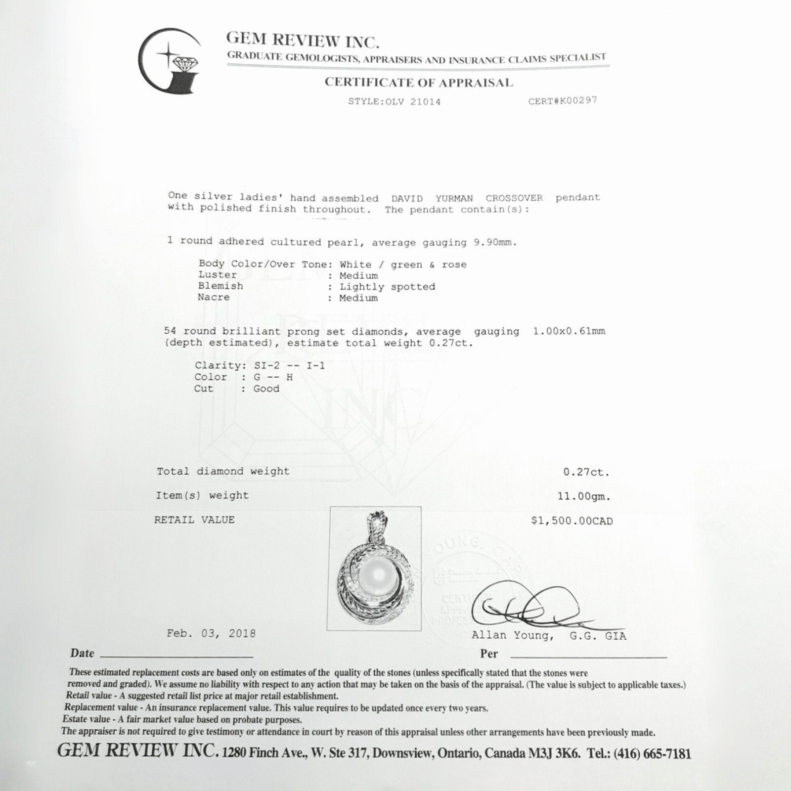 David Yurman Sterling Silver Crossover Diamond (0.27 TCW) and Cultured Pearl Pendant