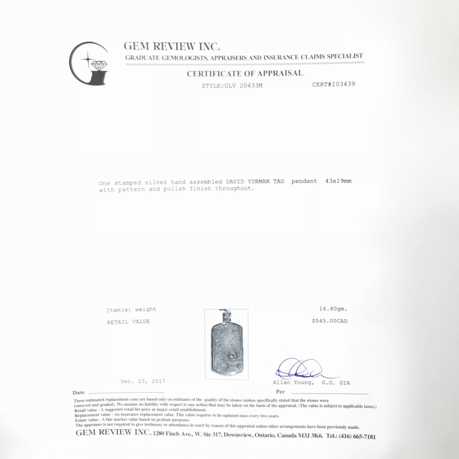 David Yurman Tag Pendant