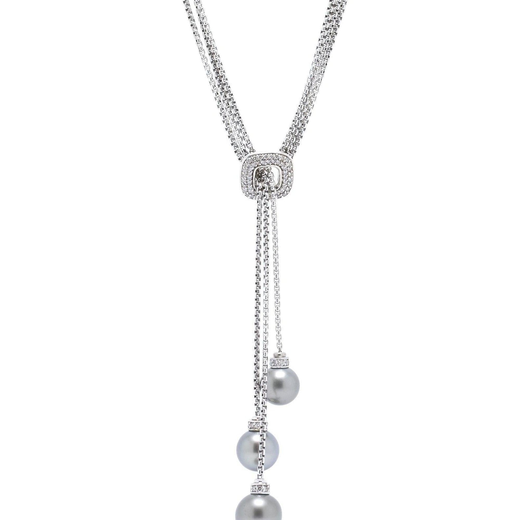 David Yurman Three-Row Diamond & Black Pearl Drop Pendant Necklace