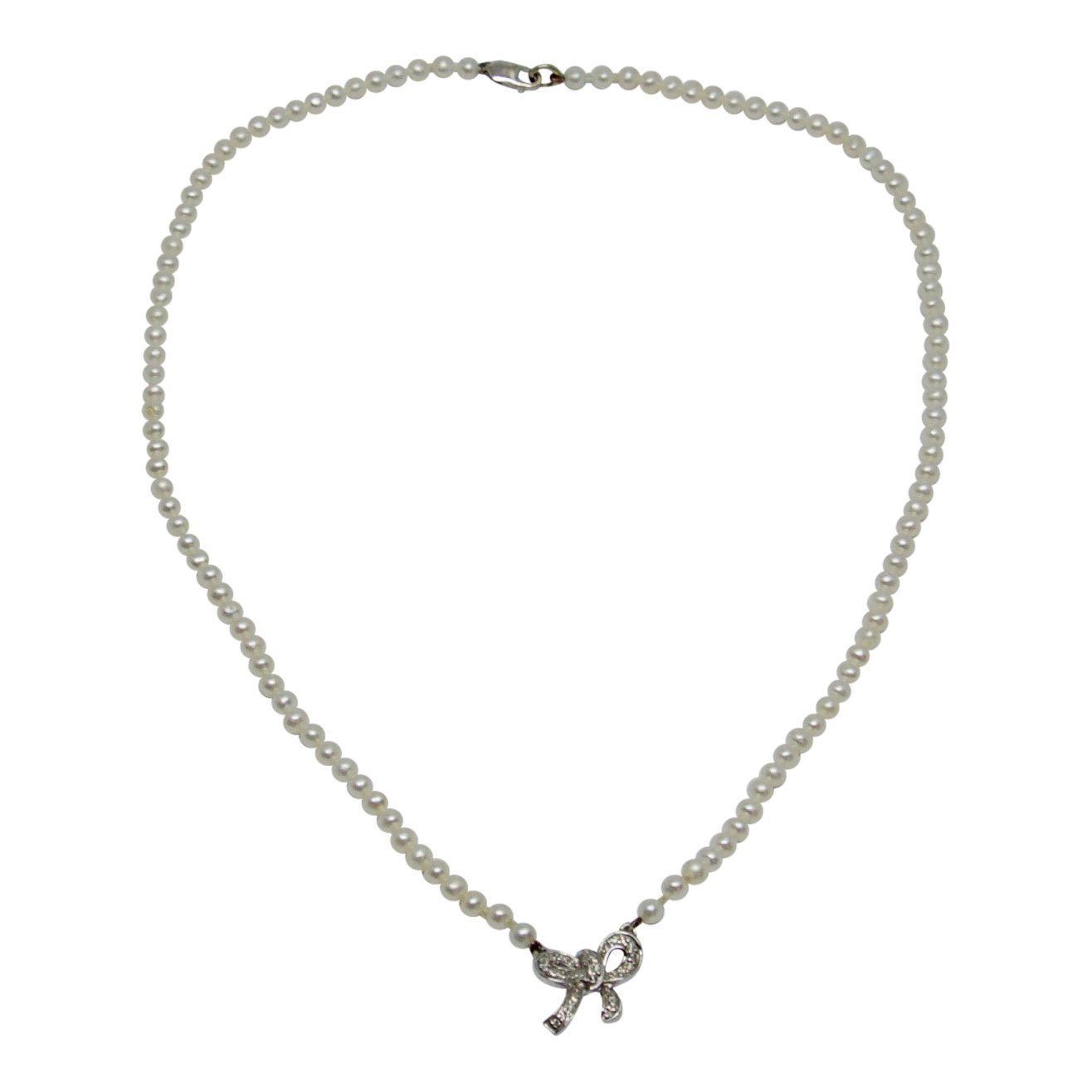 Diamond Bow Pendant Pearl Necklace